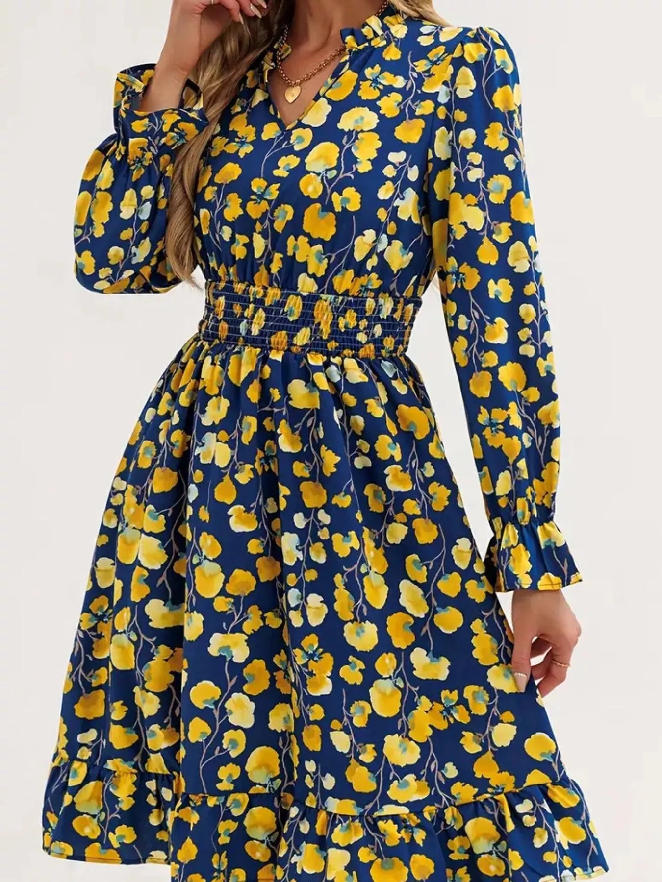 Floral Notched Flounce Sleeve Dress