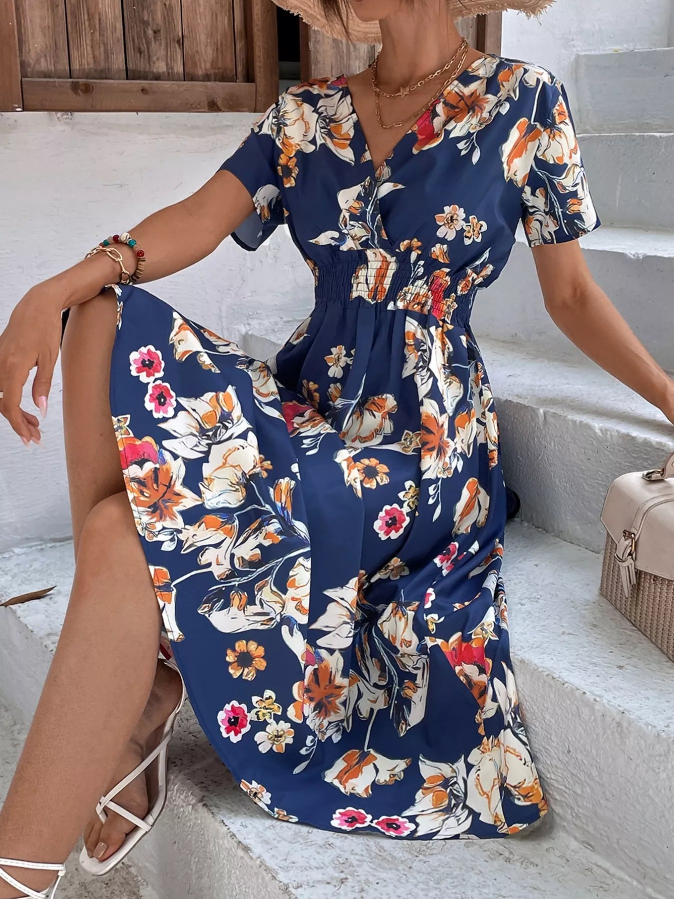 Printed Short Sleeve Midi Dress