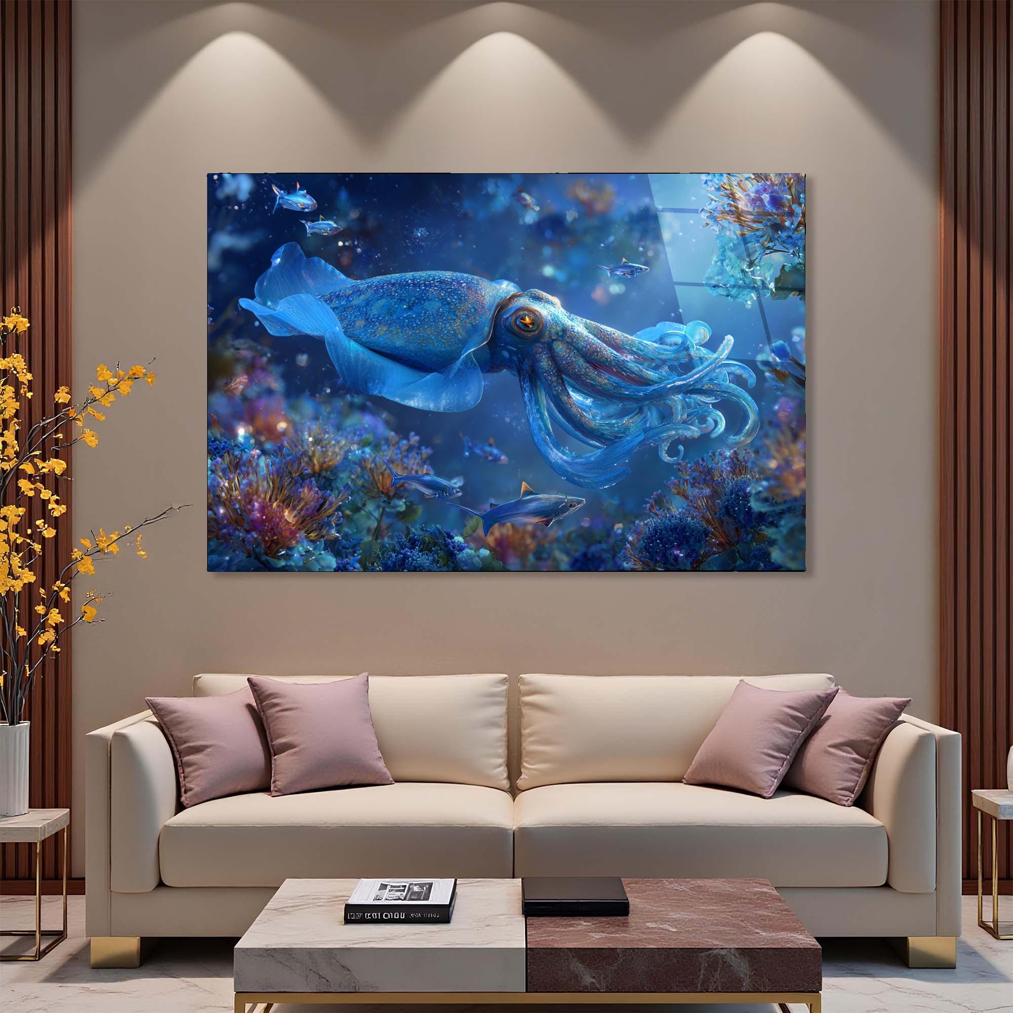 Blue Squid Tempered Glass Wall Art | Ocean Reef Decor