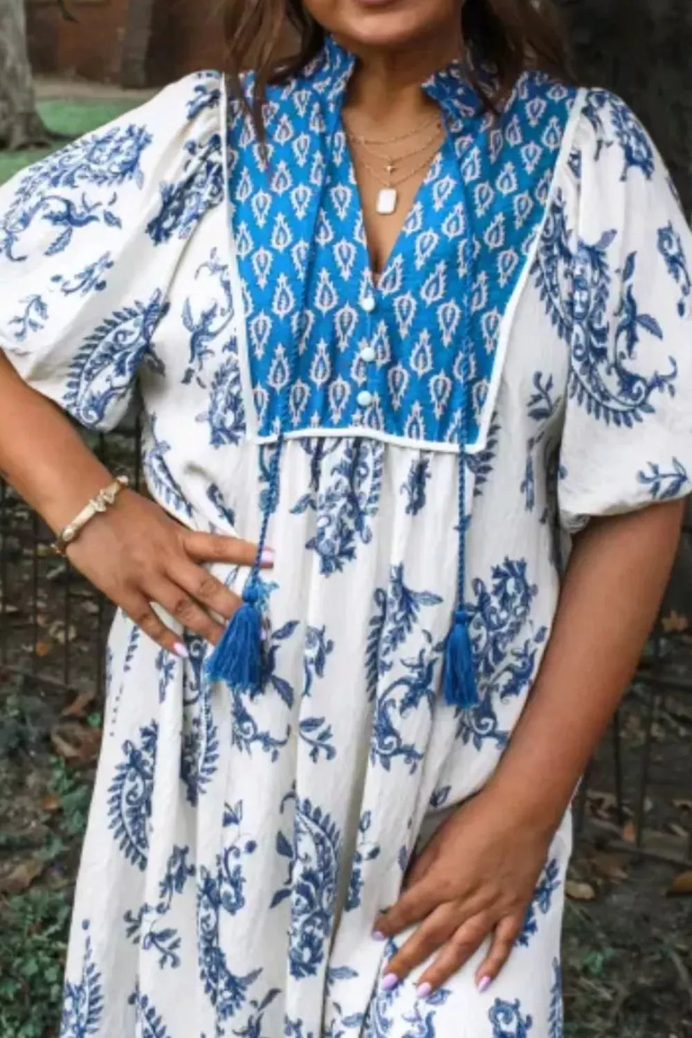 Floral Print Contrast Boho Patchwork V Neck Loose Midi Dress