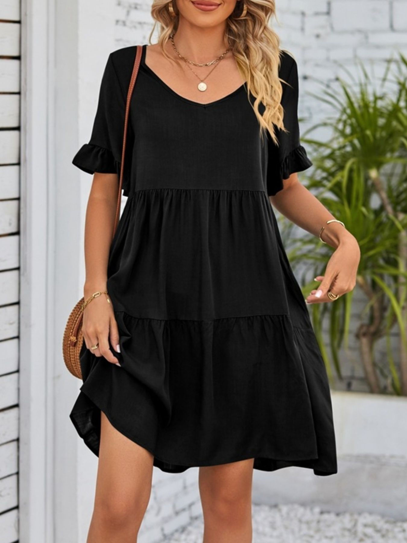 Ruffled Sleeve Tiered Mini Dress