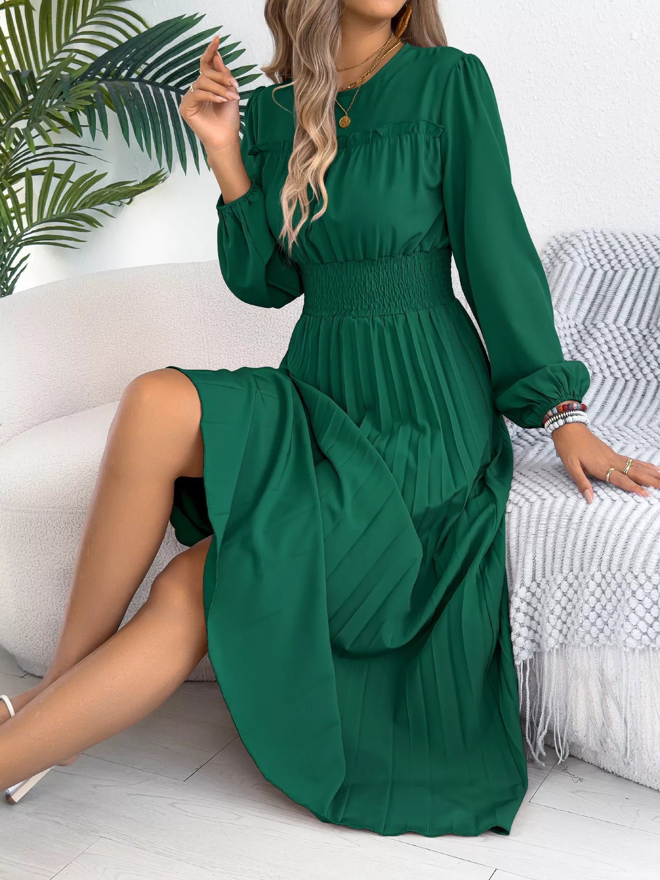Smocked Pleated Long Sleeve Midi Dress