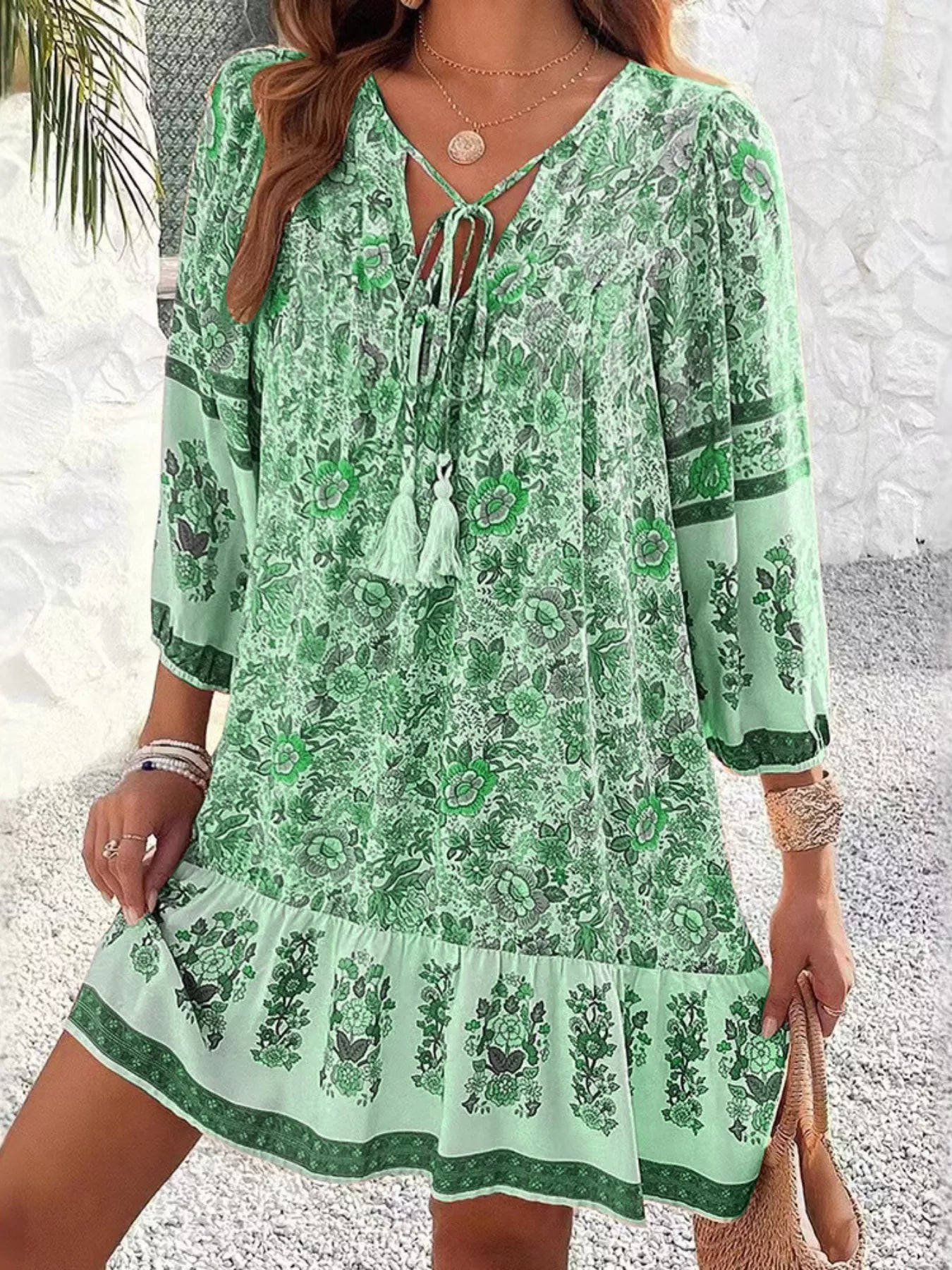 Floral Print Tassel Tie Neck Mini Dress