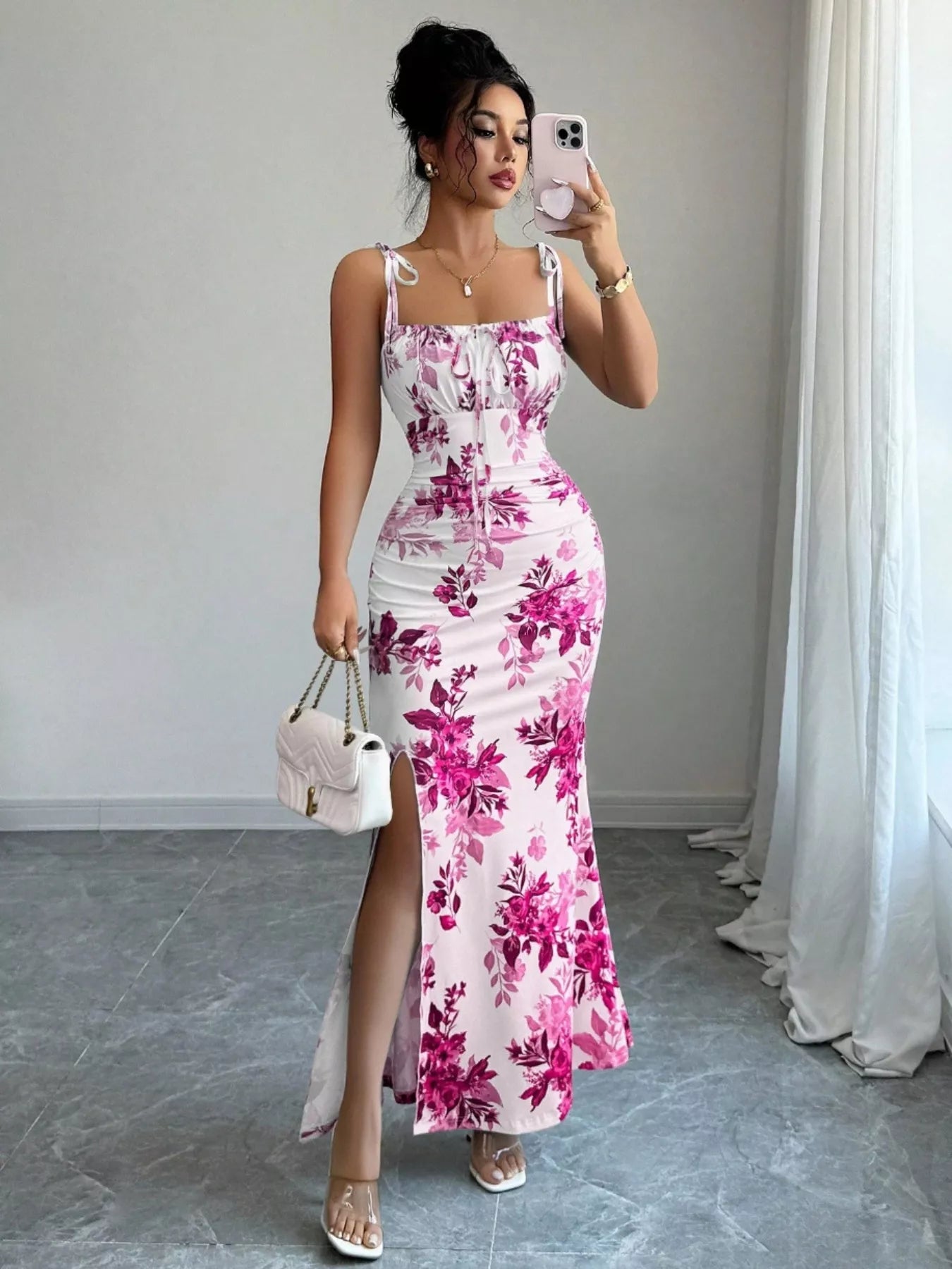 Printed Tie Strap Slit Maxi Dress