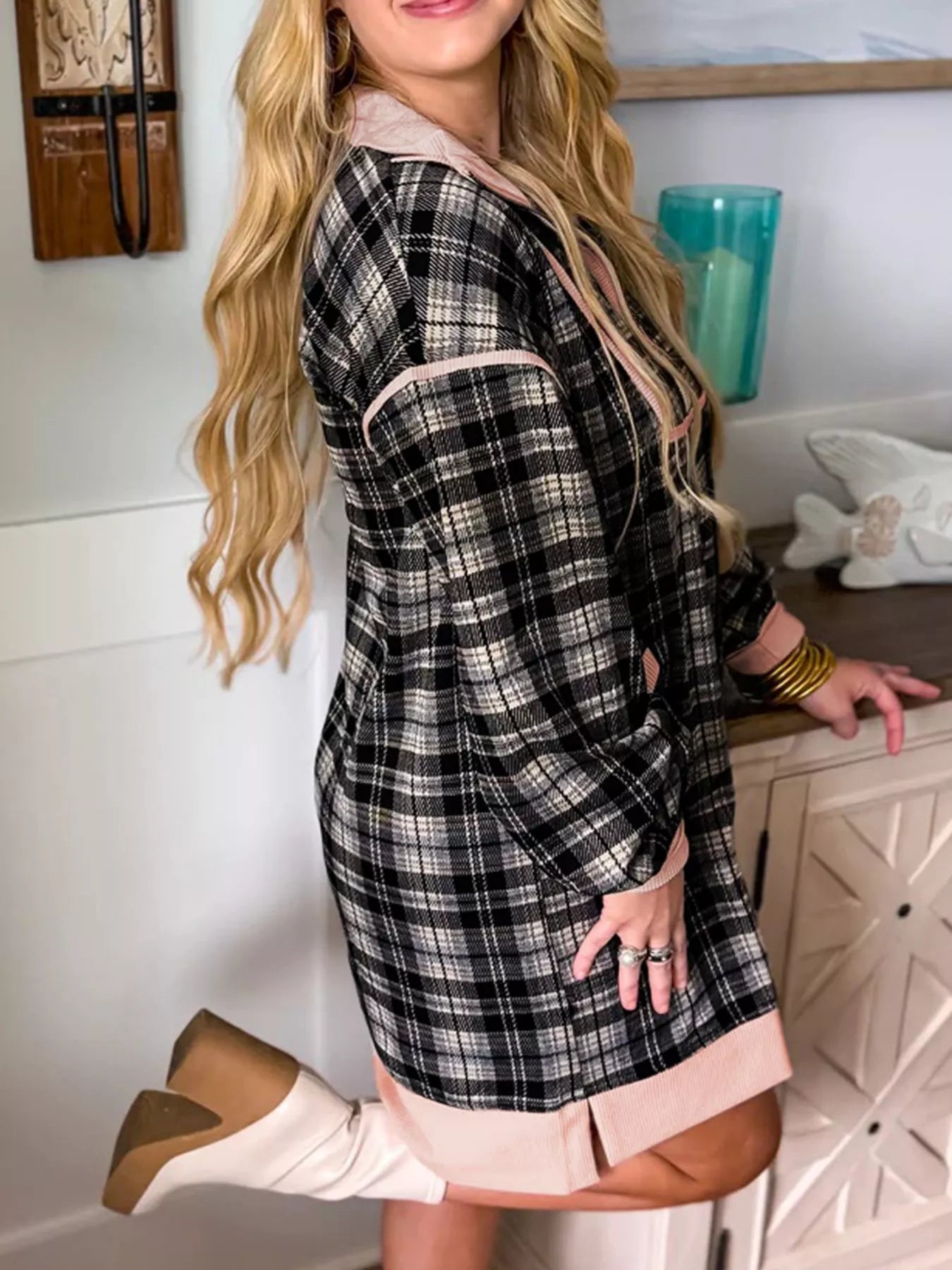 Plaid Polo Collar Zip up Contrast Trim Shift Long Sleeve Mini Dress