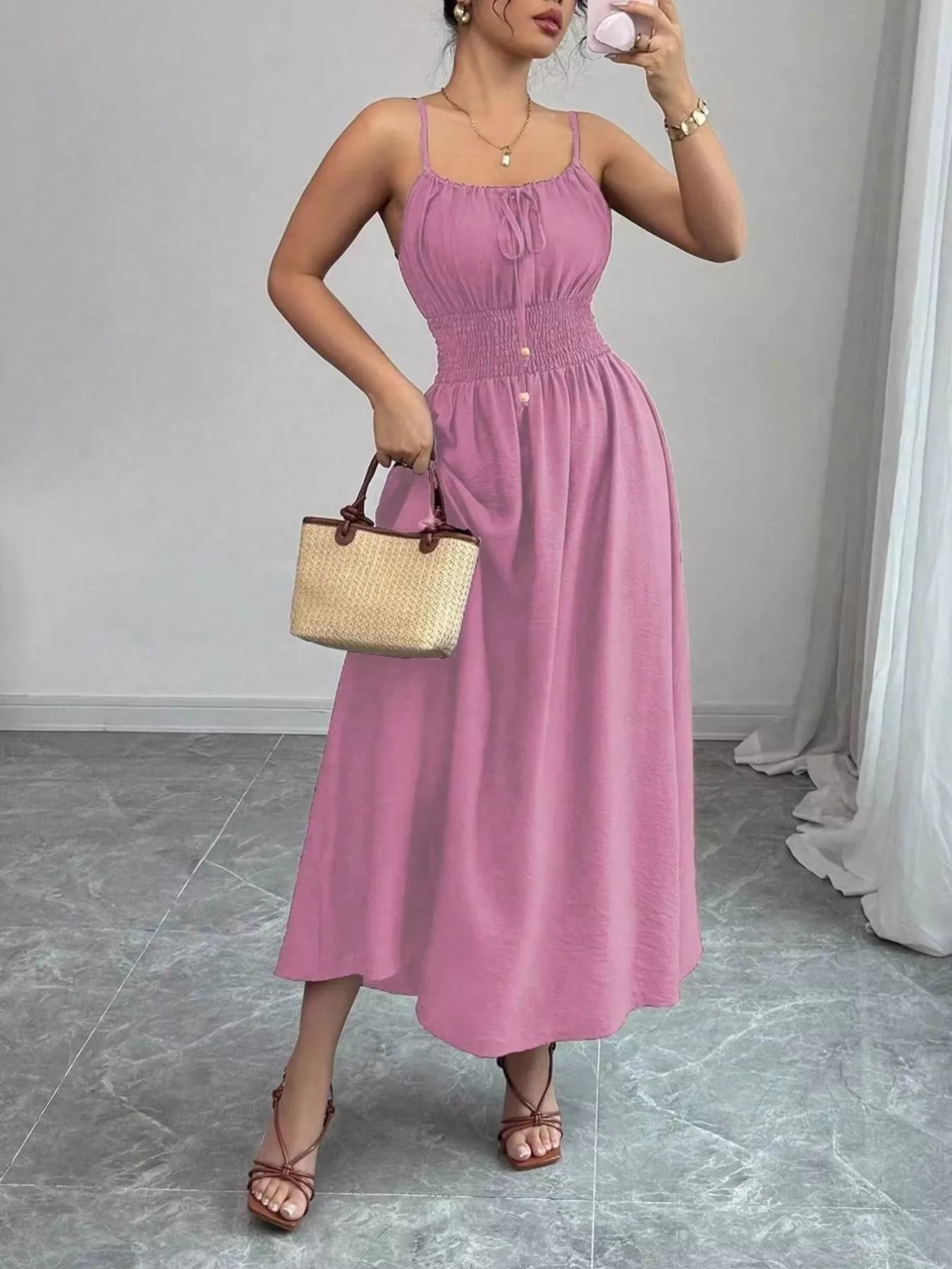 Smocked Spaghetti Strap Midi Dress