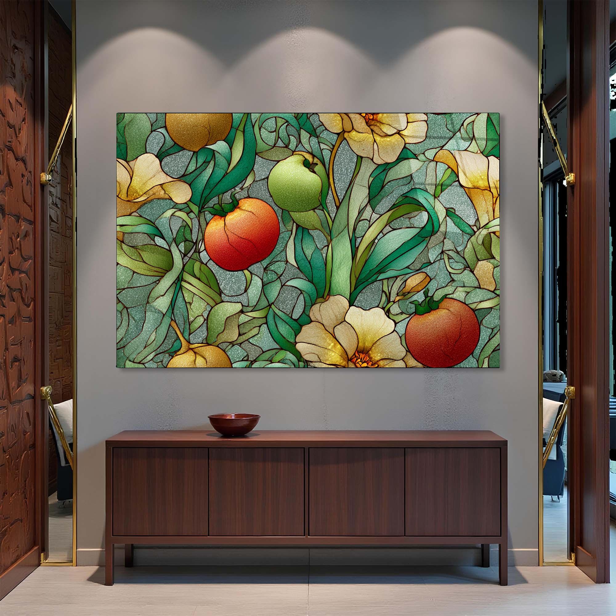 Stained Glass Look Fruits Tempered Glass Wall Art | Botanical Kitchen & Dining Room Glass Wall Décor