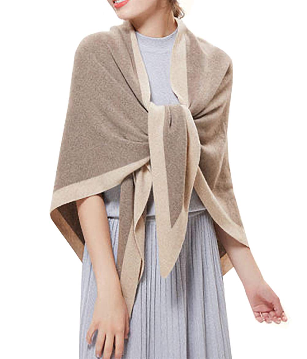 stylesilove Women Wool Blend Cashmere Knitted Solid Color Triangular Shawl with Contrast Border Lightweight Stole Wrap Scarf