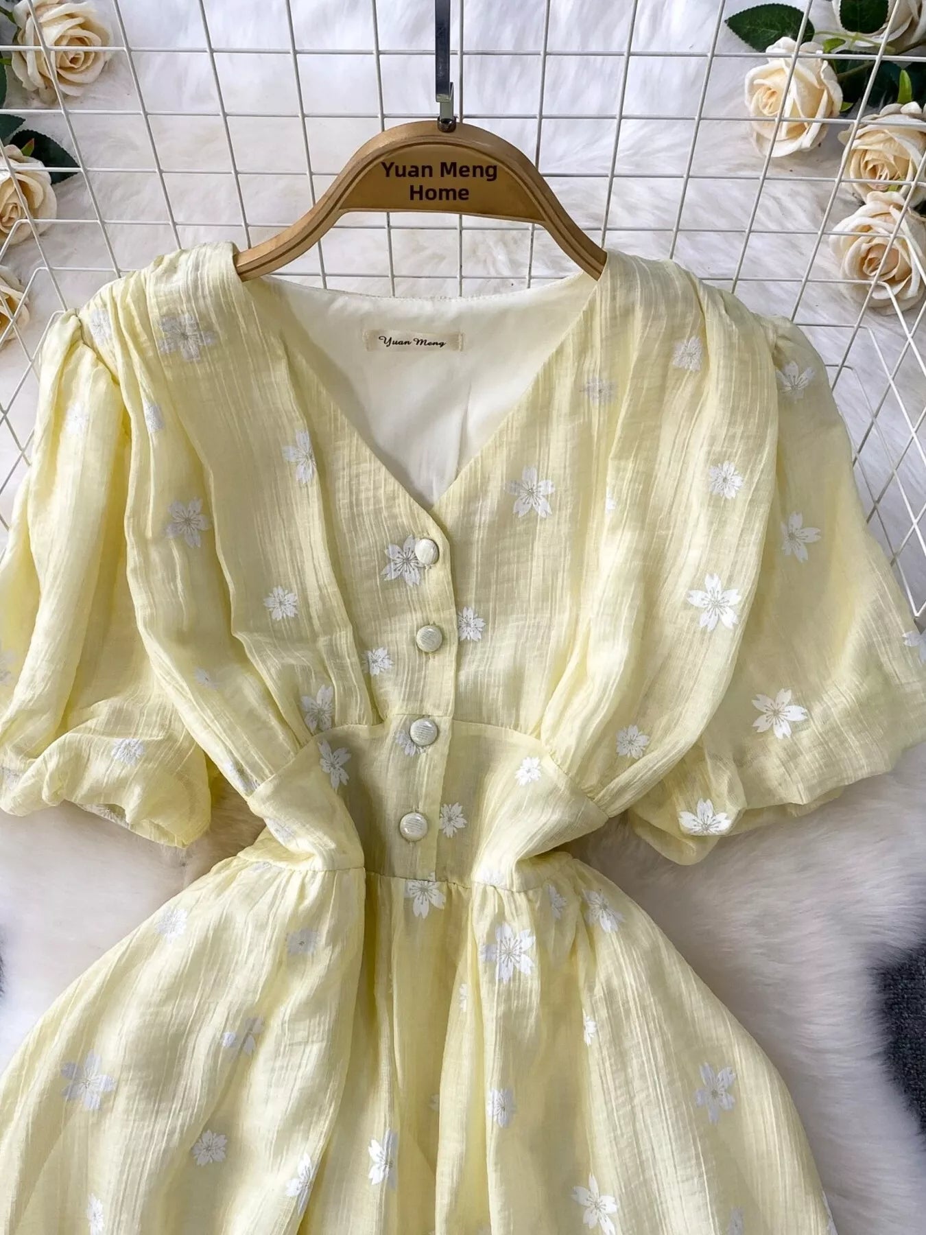 Floral Puff Sleeve A-Line Midi Dress