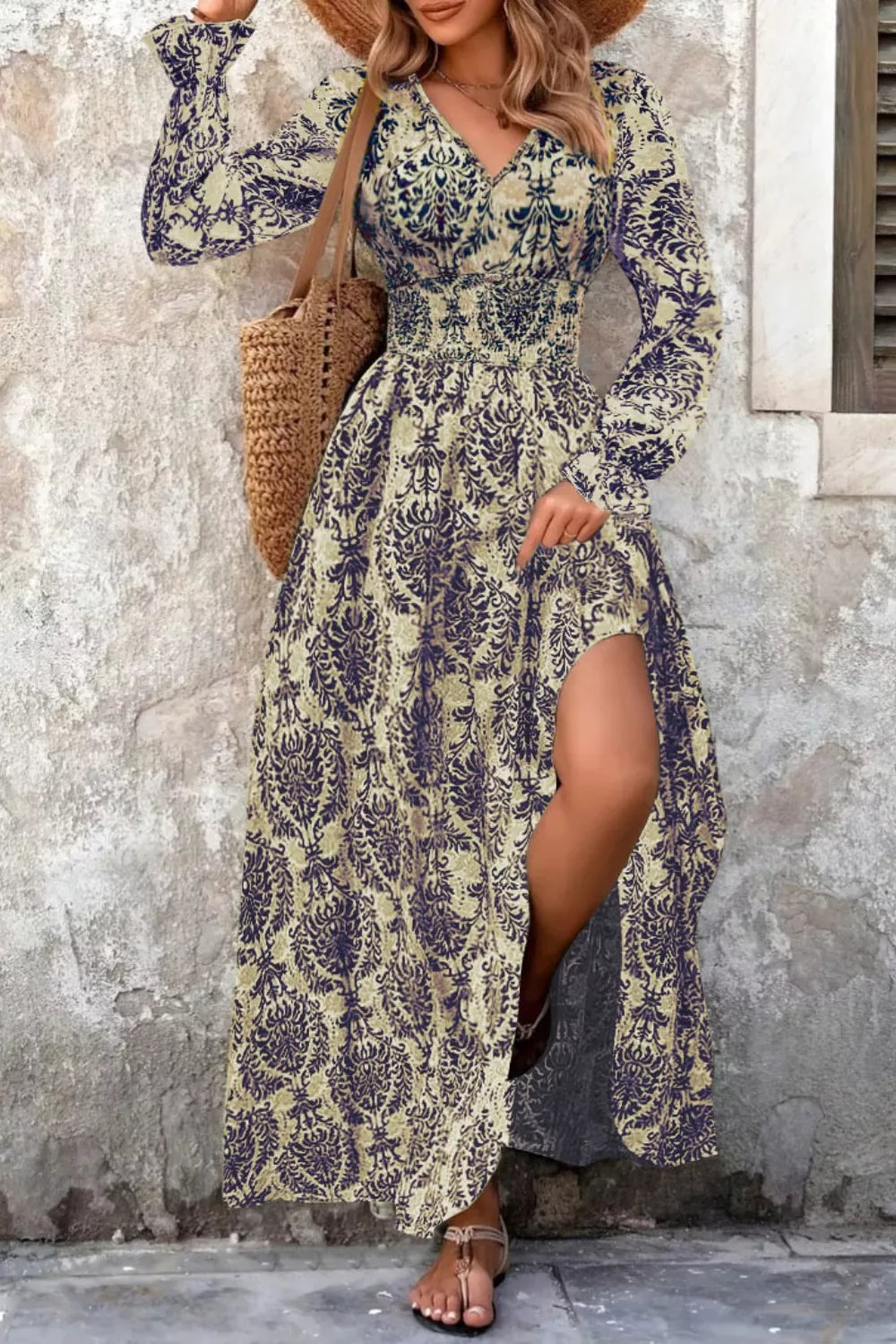 Printed V-Neck Long Sleeve Maxi Dress