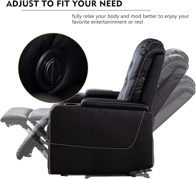 CANMOV Electric Power Recliner Chair with USB Ports and Cup Holders, Breathable Leather Home Theater Seating with Hidden Arm Storage (Black)