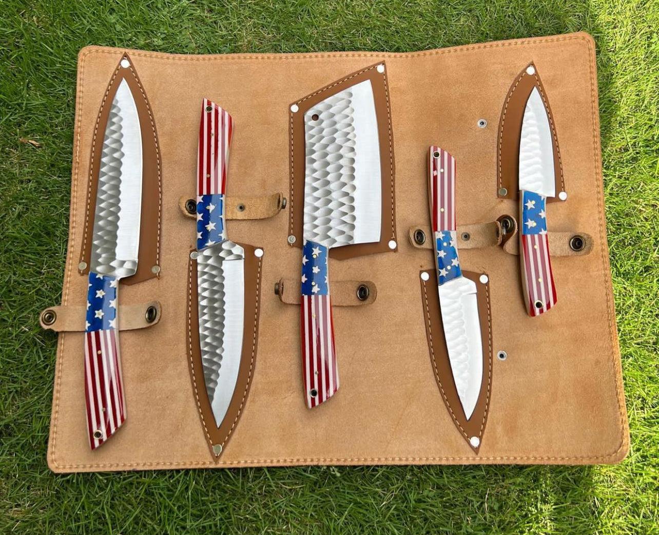 5 pieces Hand Forged D2 steel Texas Flag kitchen chef knives