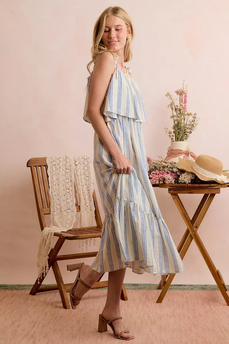 SO ME Stripe Tiered Shoulder Tie Midi Lined Dress