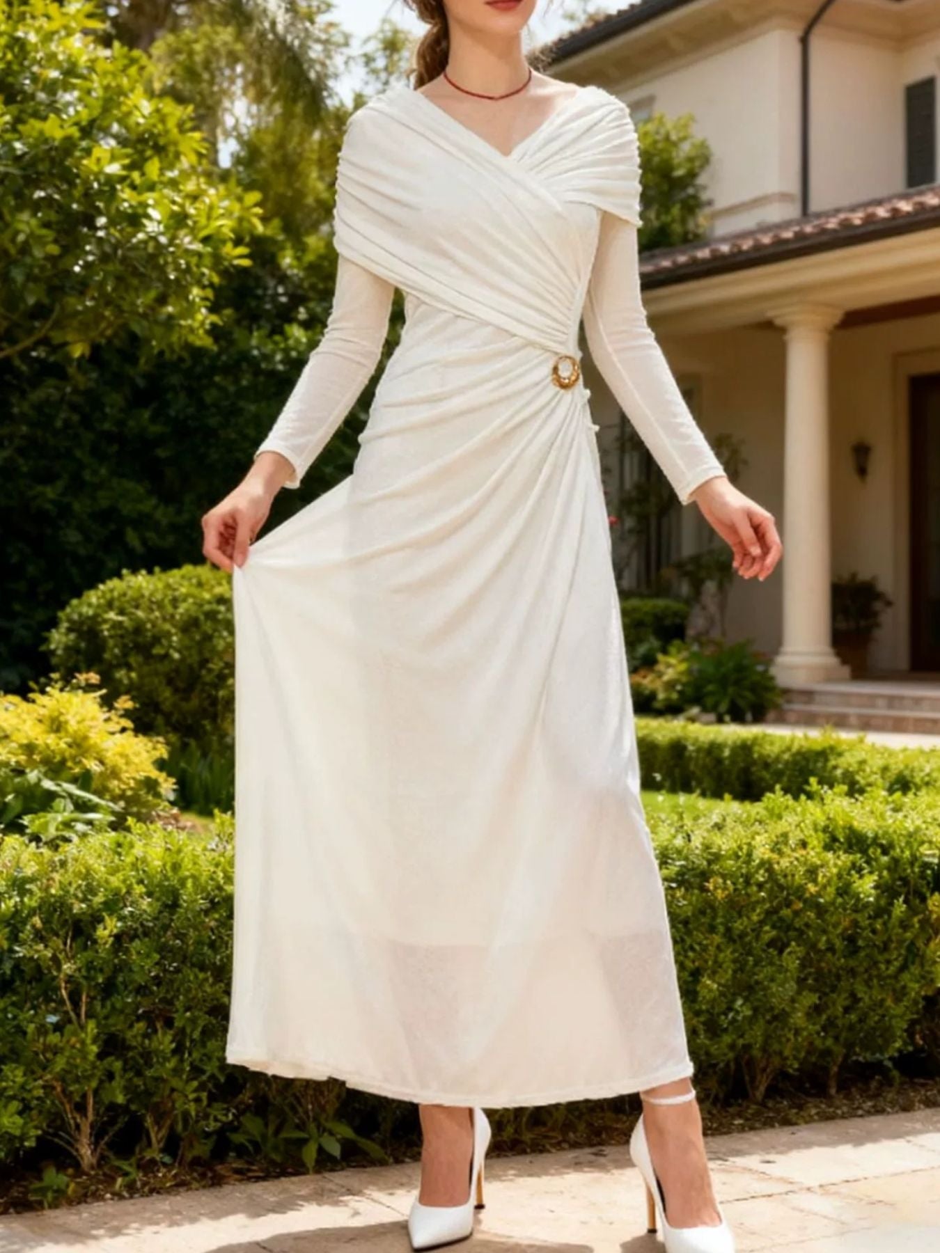 Ruched Draped Long Sleeve Maxi Dress