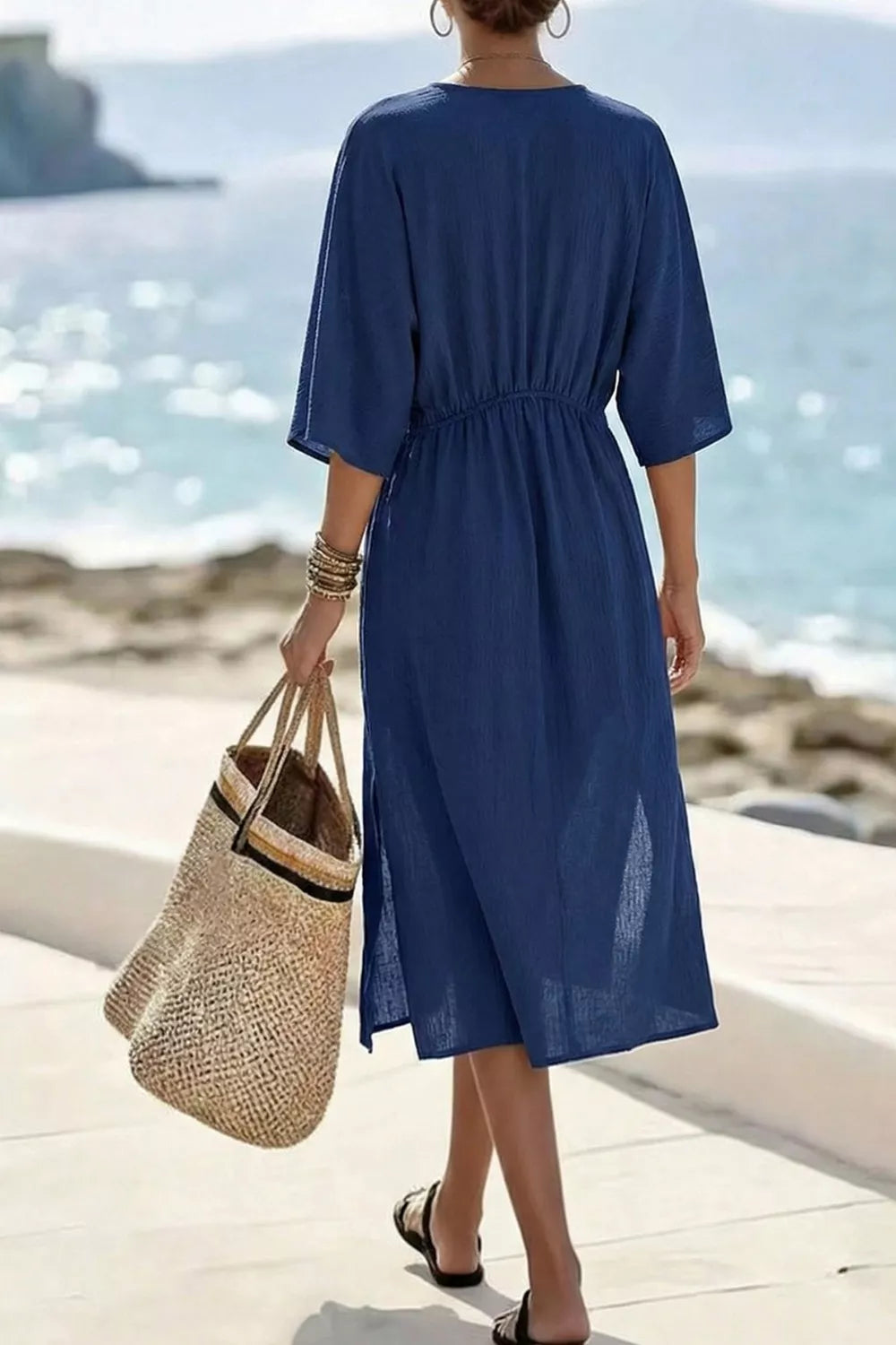 Frill V-Neck Half Sleeve Midi Dress