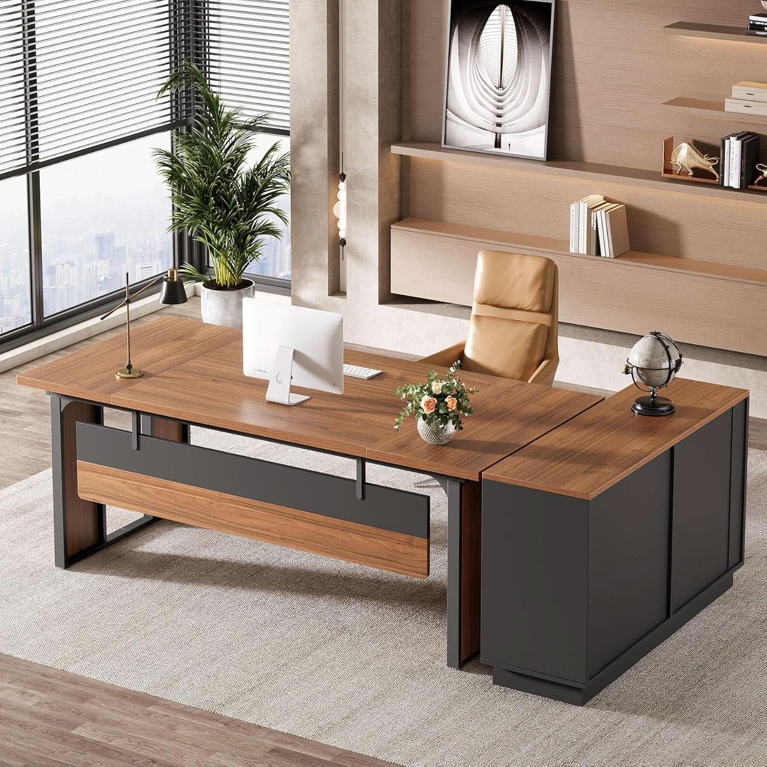 63 Inch L Shaped Executive Desk With Storage Shelves - Overture Gifts