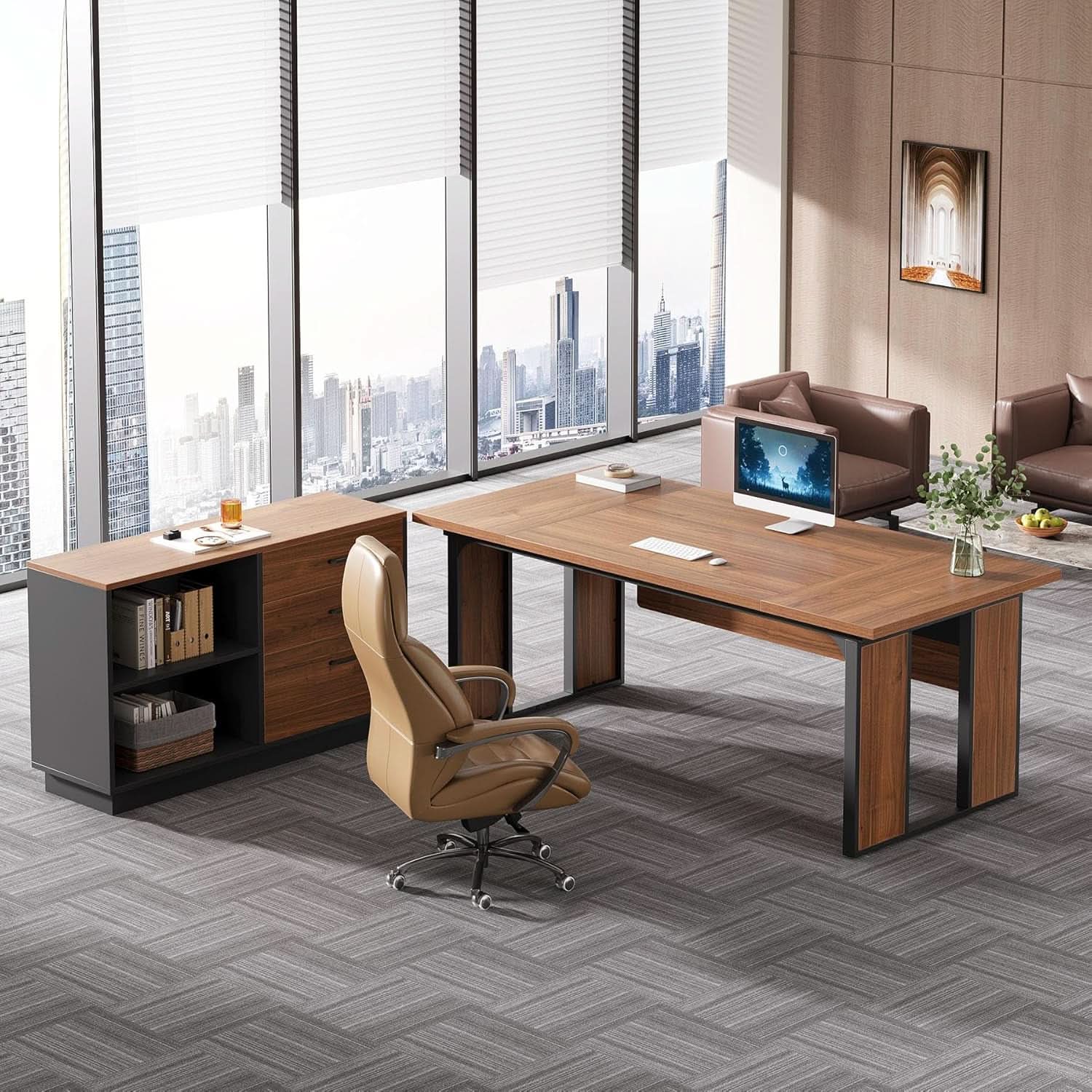 63 Inch L Shaped Executive Desk With Storage Shelves - Overture Gifts