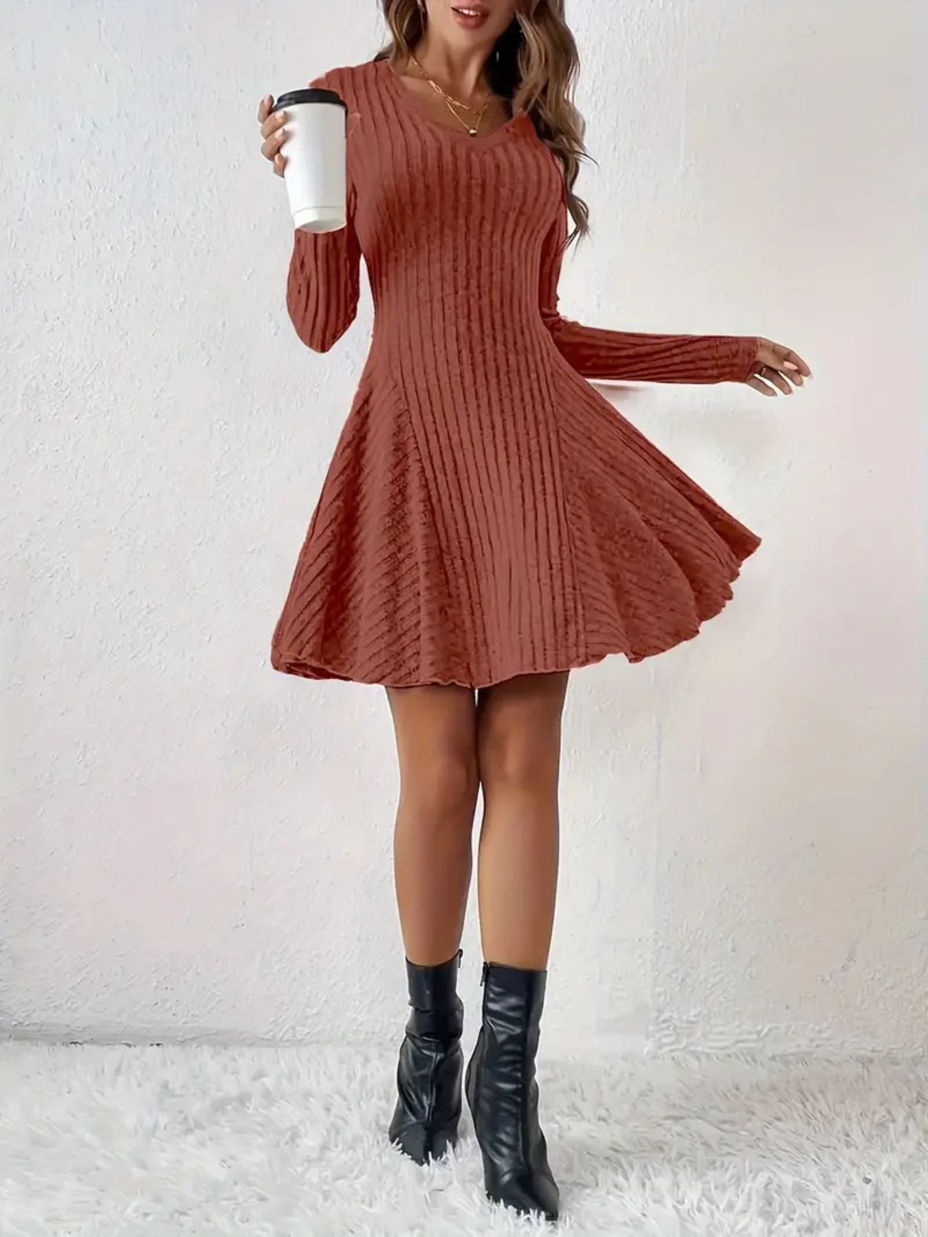 Ribbed Knit Long Sleeve A-Line Dress