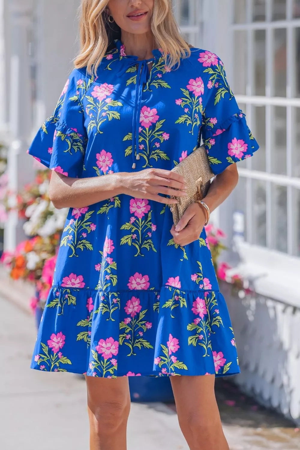 V Neck Short Sleeve Loose Flower Dress