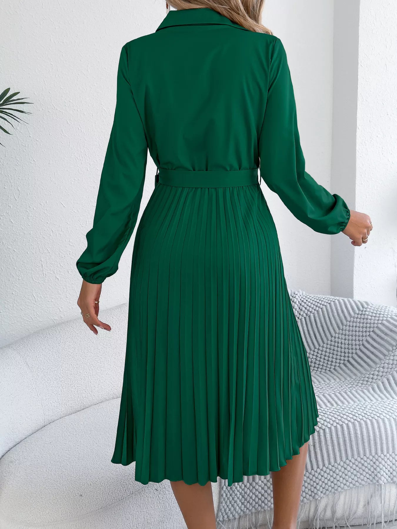 Pleated Tie Waist Balloon Sleeve Dress