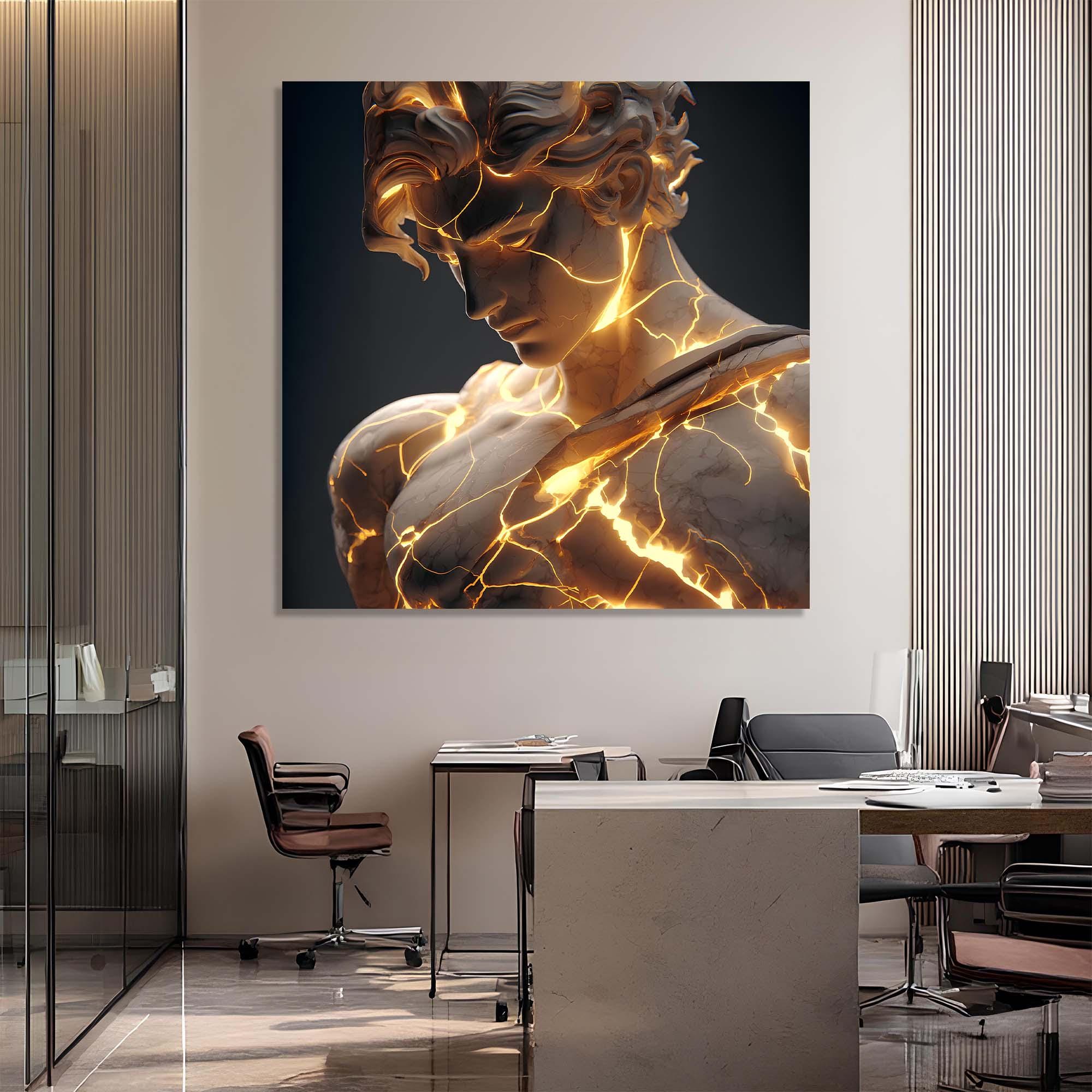Glowing Marble Statue Tempered Glass Wall Art | Modern Mythology Wall Decor | Luminous Sculpture Print