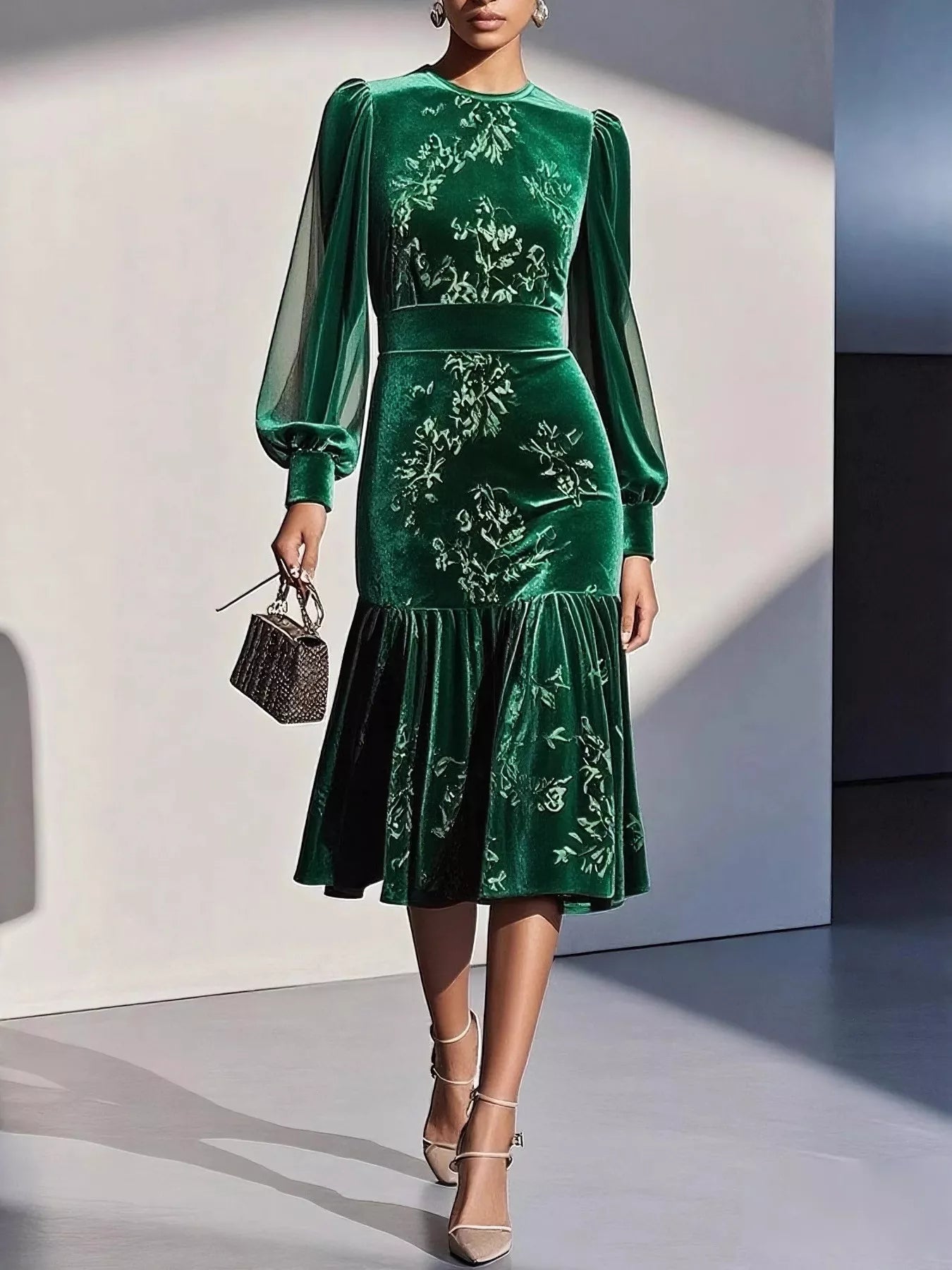 Velvet Floral Lantern Sleeve Midi Dress
