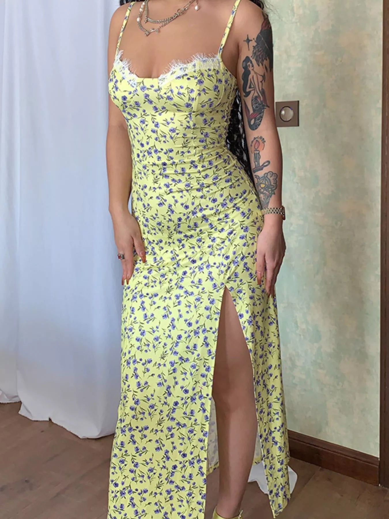 Floral Print Lace Trim Slit Midi Dress