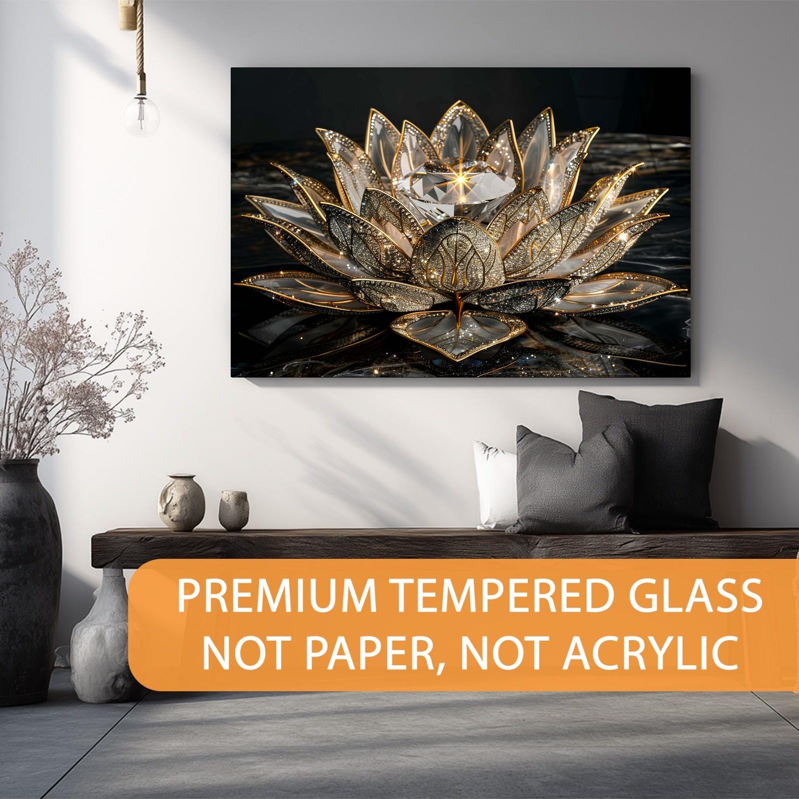 Golden Lotus Tempered Glass Wall Art | Serenity Home Decor