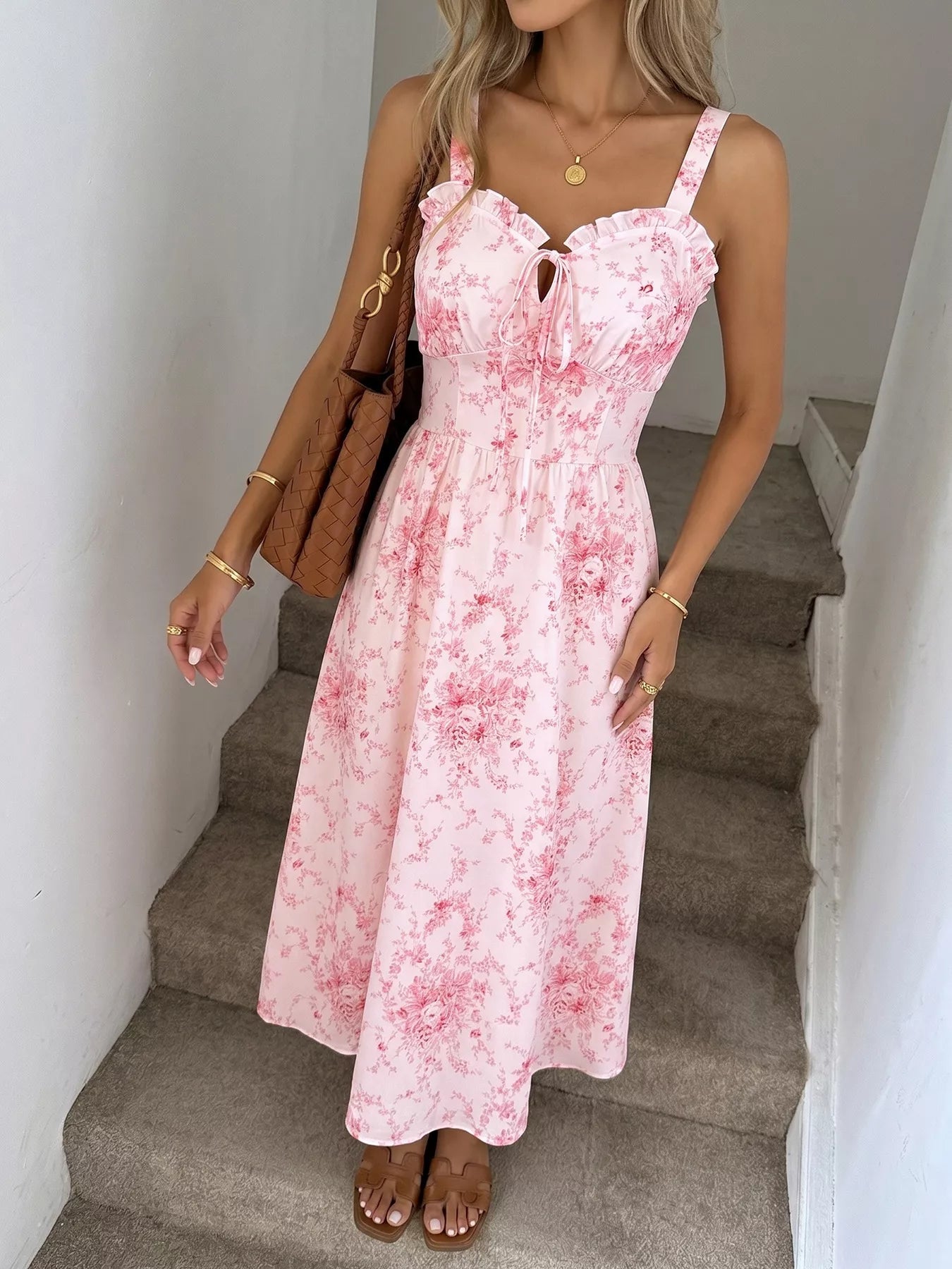 Floral Print Frill Trim Cami Dress