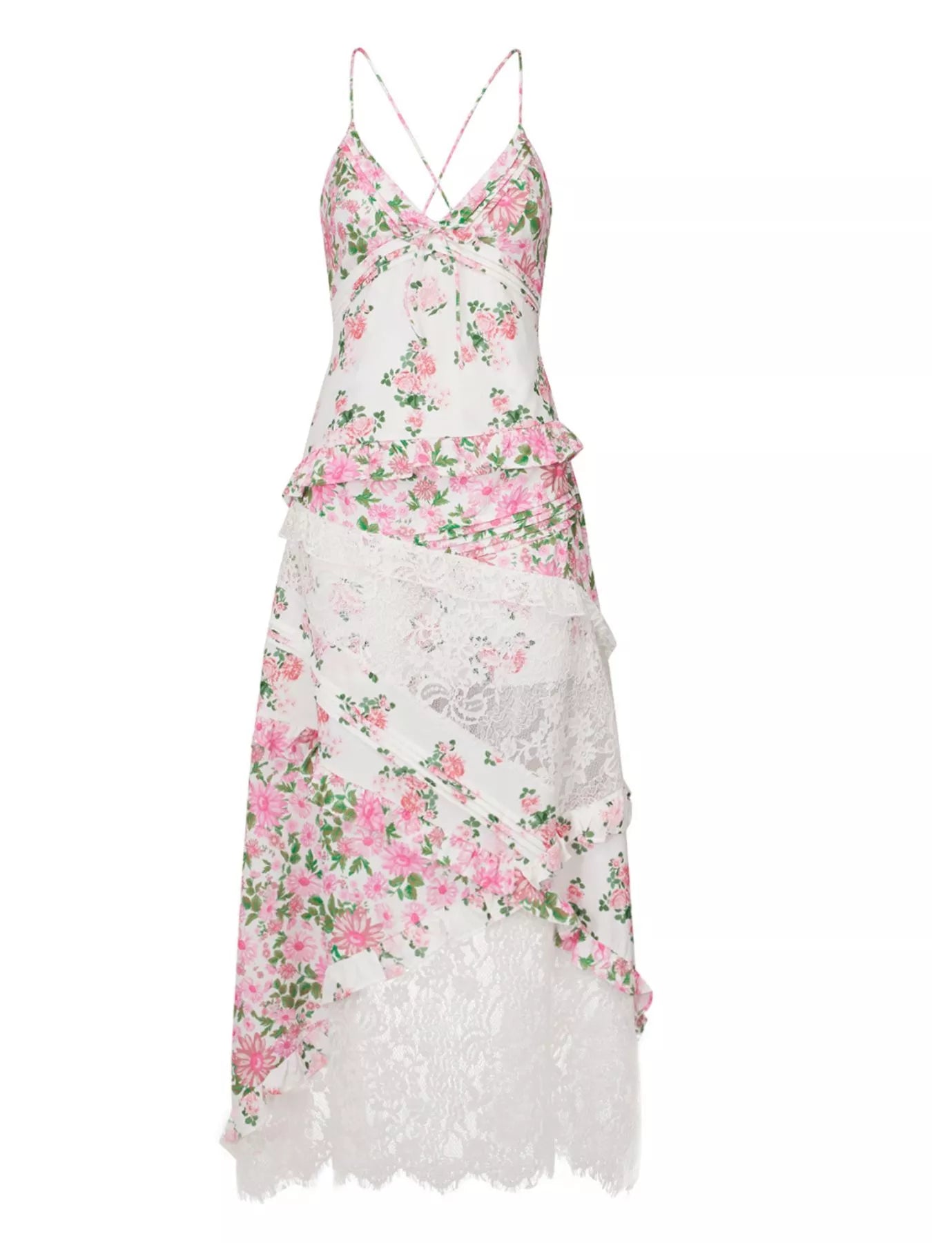 Lace Floral Print Ruffle Trim Maxi Dress