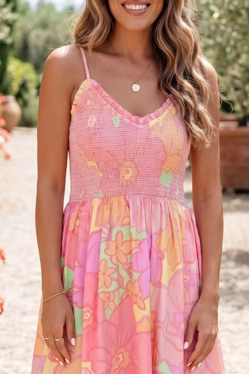 Spaghetti Straps Floral Shirred High Waist Dress