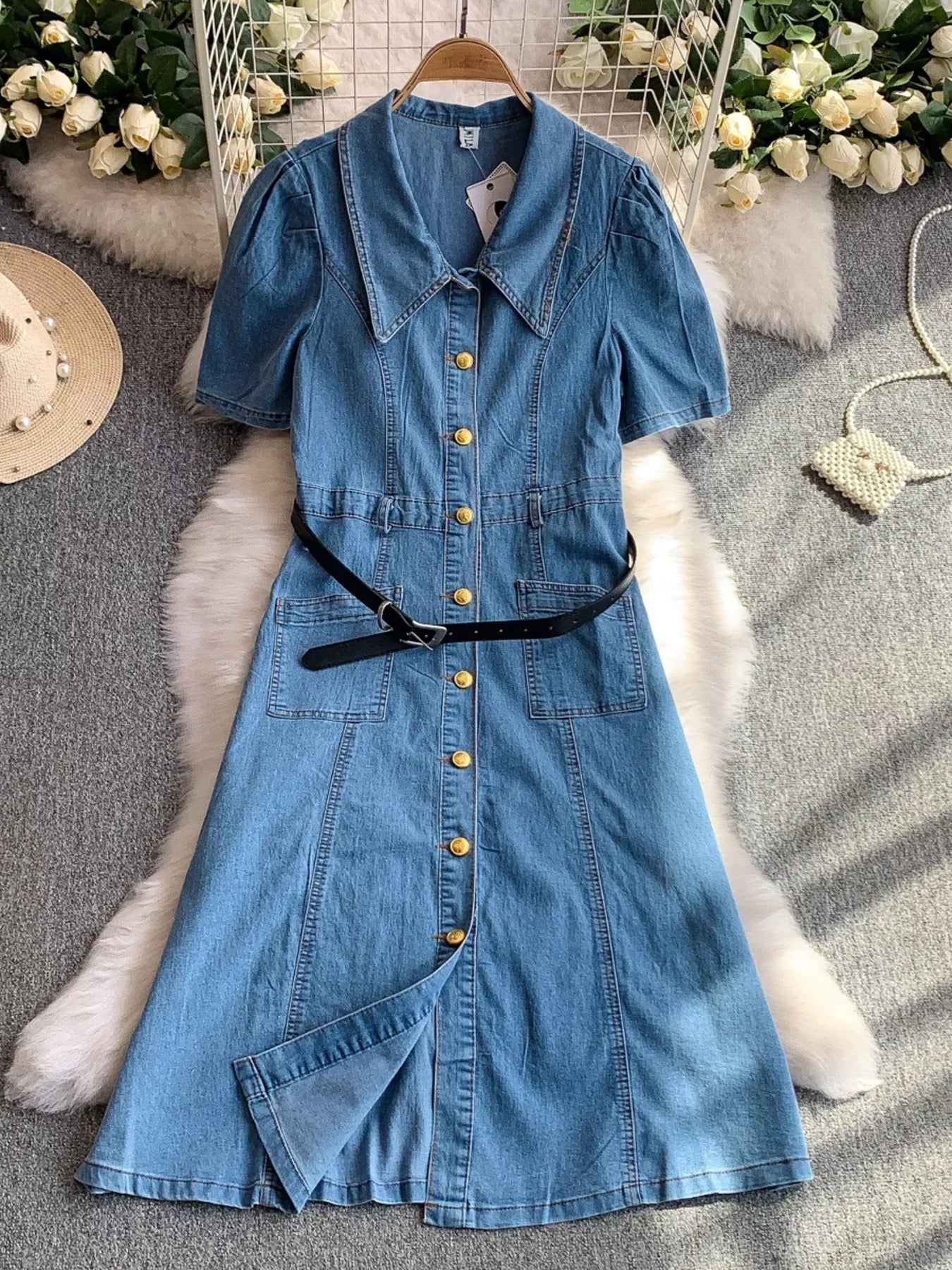 Button Front Short Sleeve Denim Dress