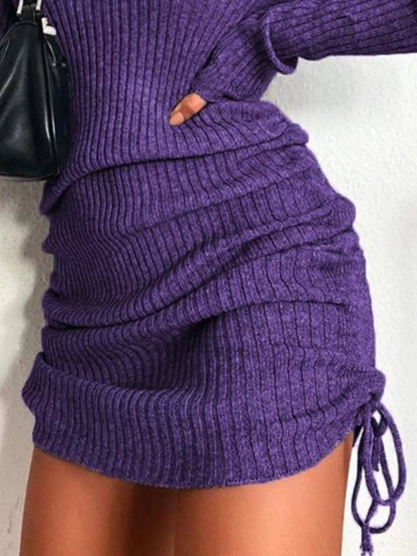 Full Size Ribbed Knit Drawstring Bodycon Sweater Dress Plus Size