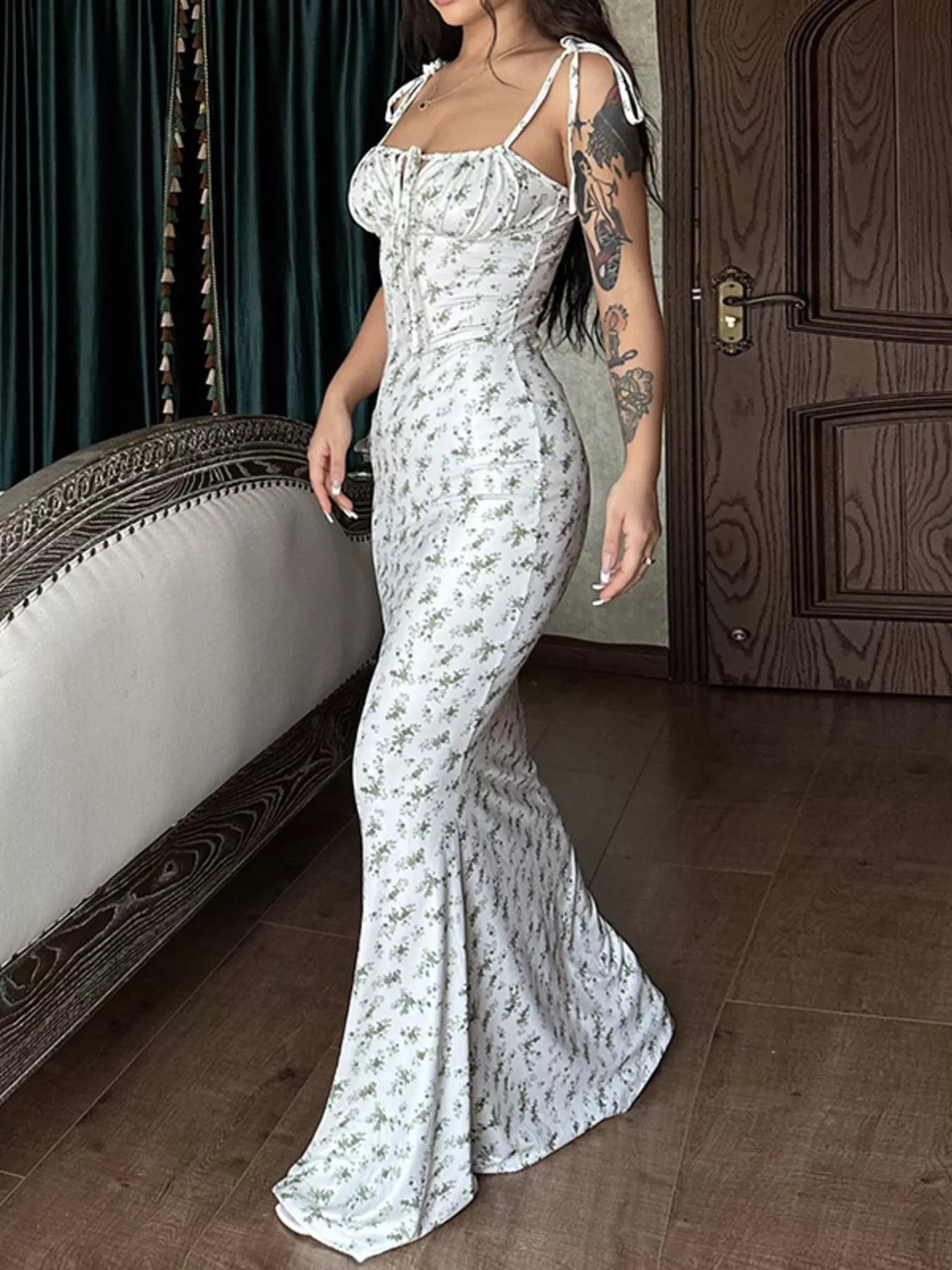 Floral Print Tie Strap Bodycon Maxi Dress