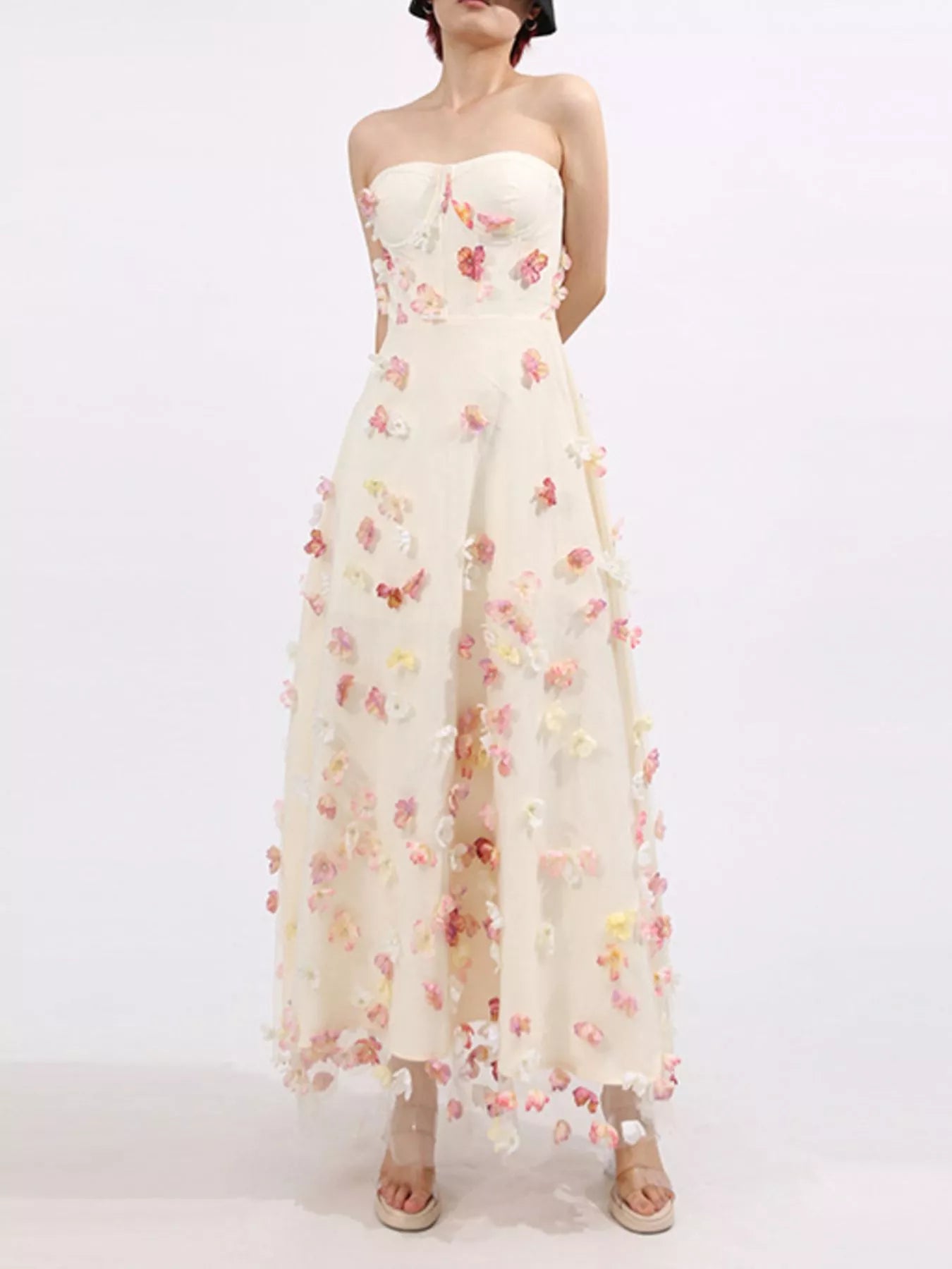 Floral Applique Strapless Tulle Maxi Dress
