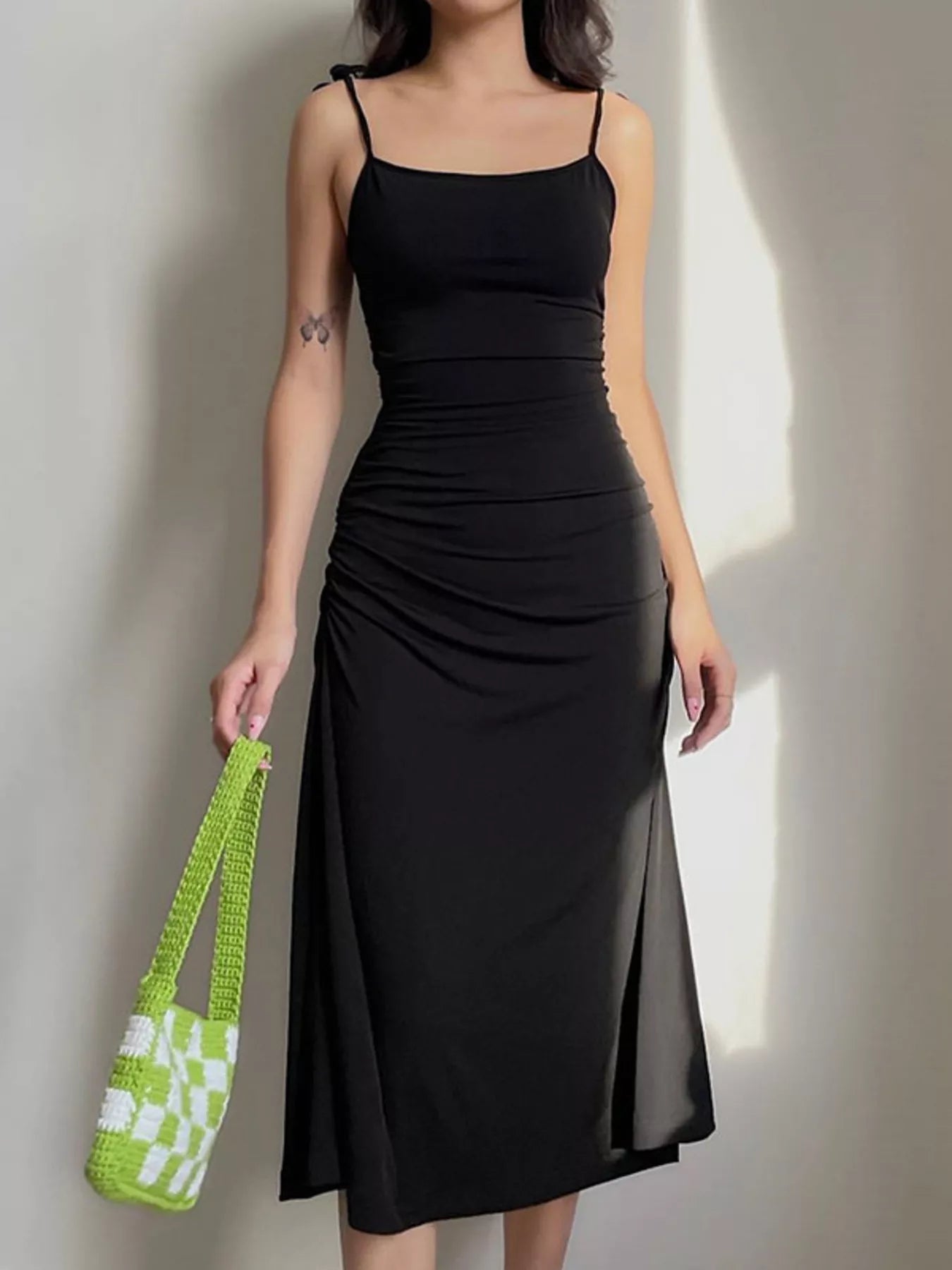 Ruched Tie Shoulder Midi Dress