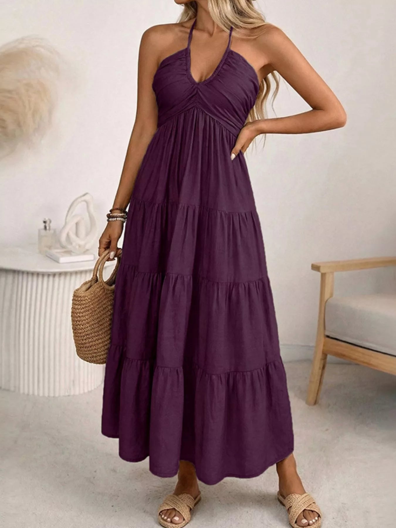 Halter Neck Tiered Midi Dress
