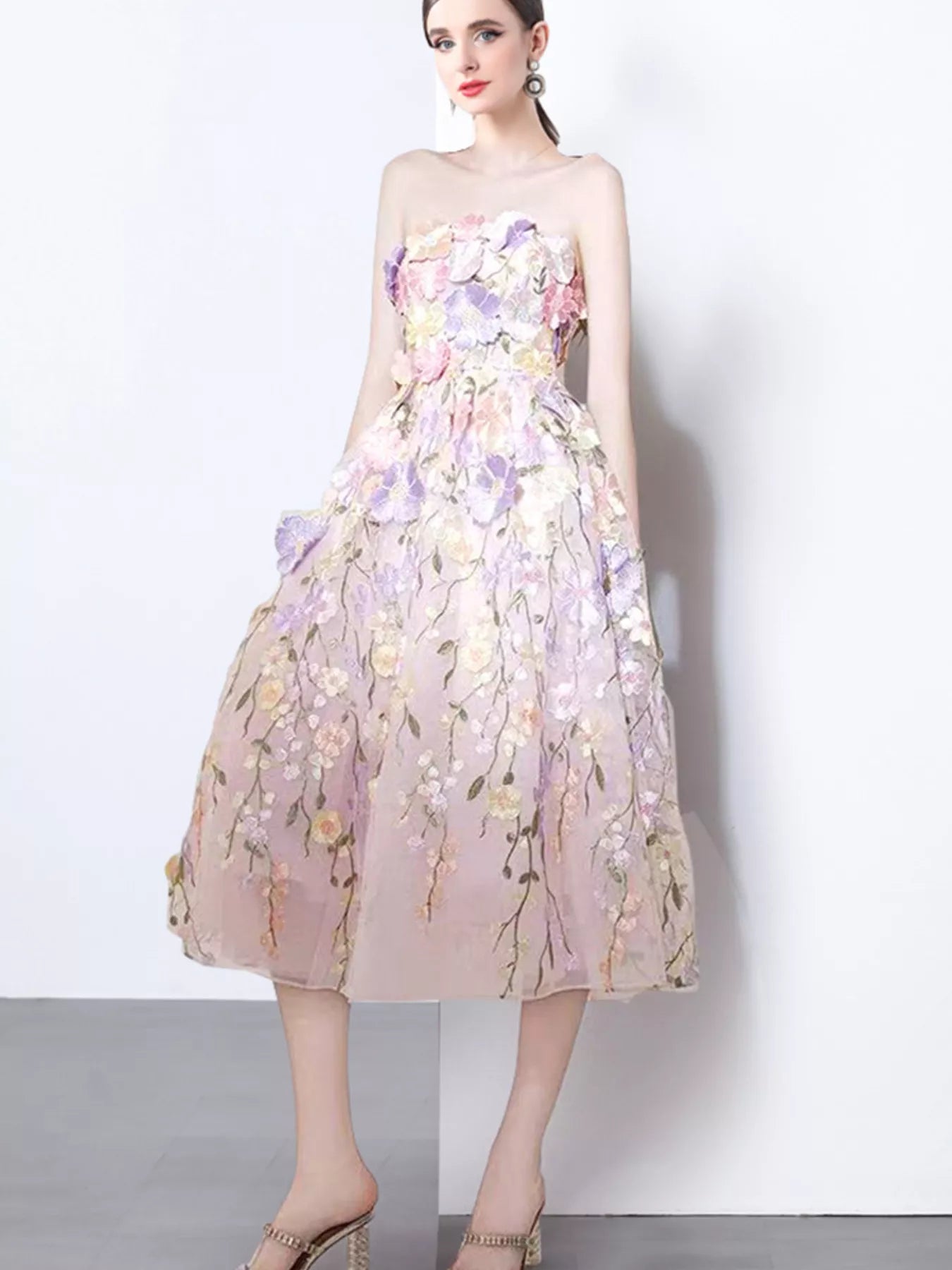 Strapless Floral Applique Midi Dress