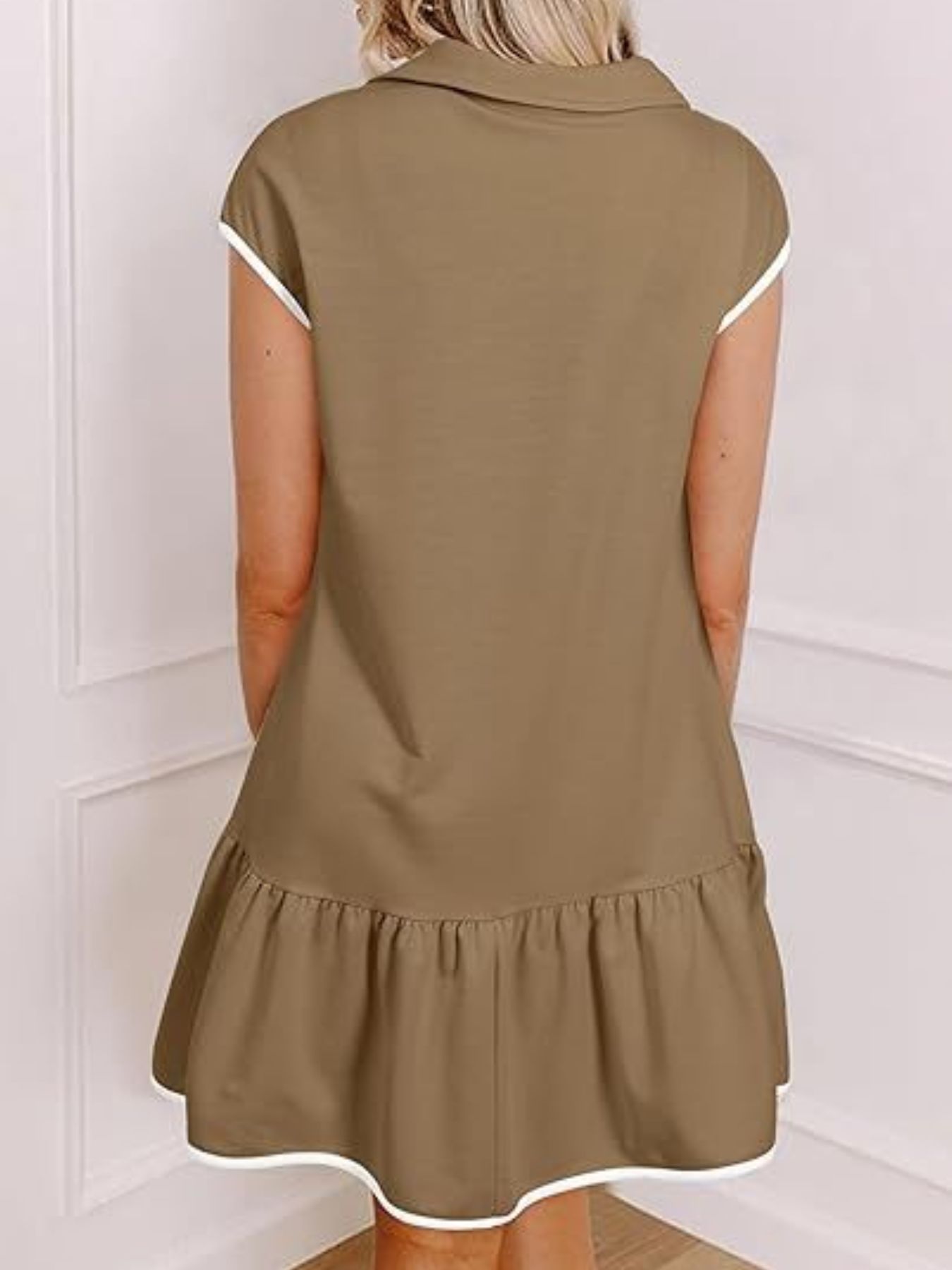 Zip Front Cap Sleeve Ruffle Hem Dress