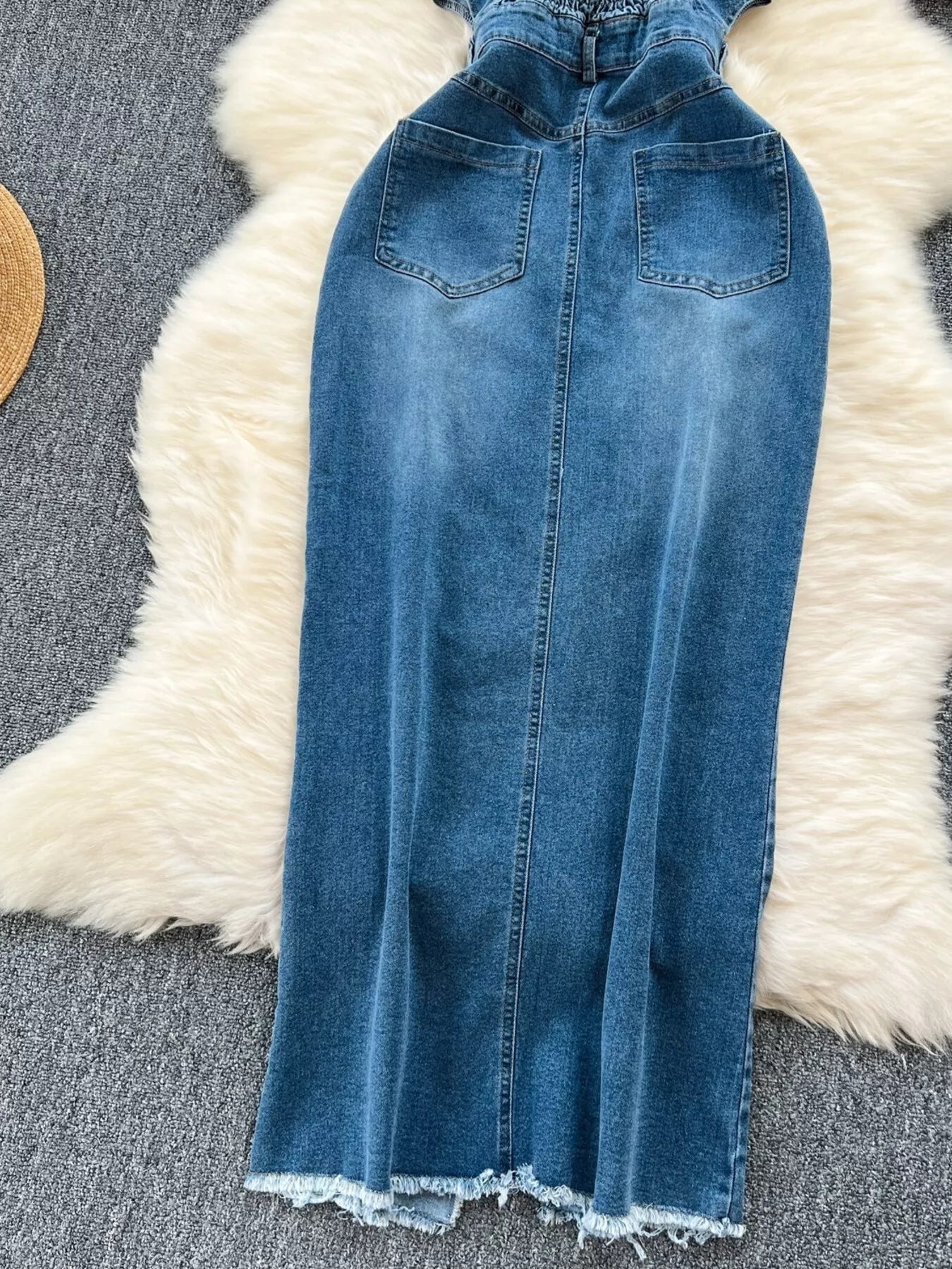 Sleeveless Frayed Hem Slit Denim Dress