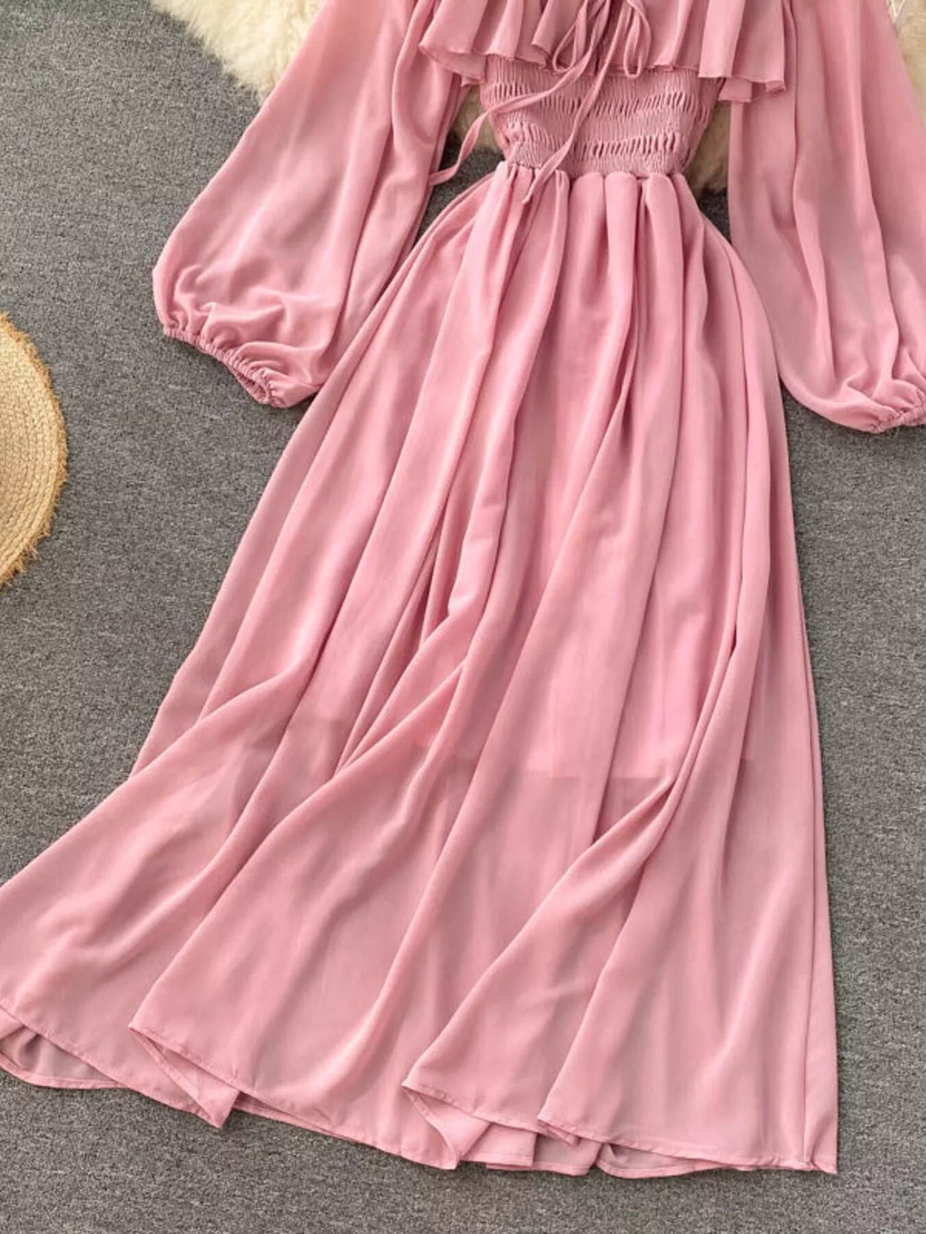 Ruffle Square Neck Balloon Sleeve A-Line Dress