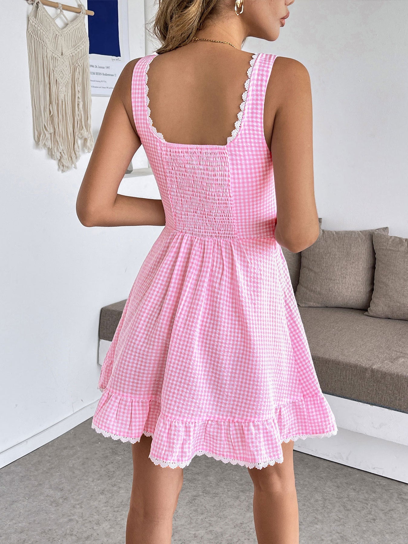 Gingham Lace Trim Mini Dress