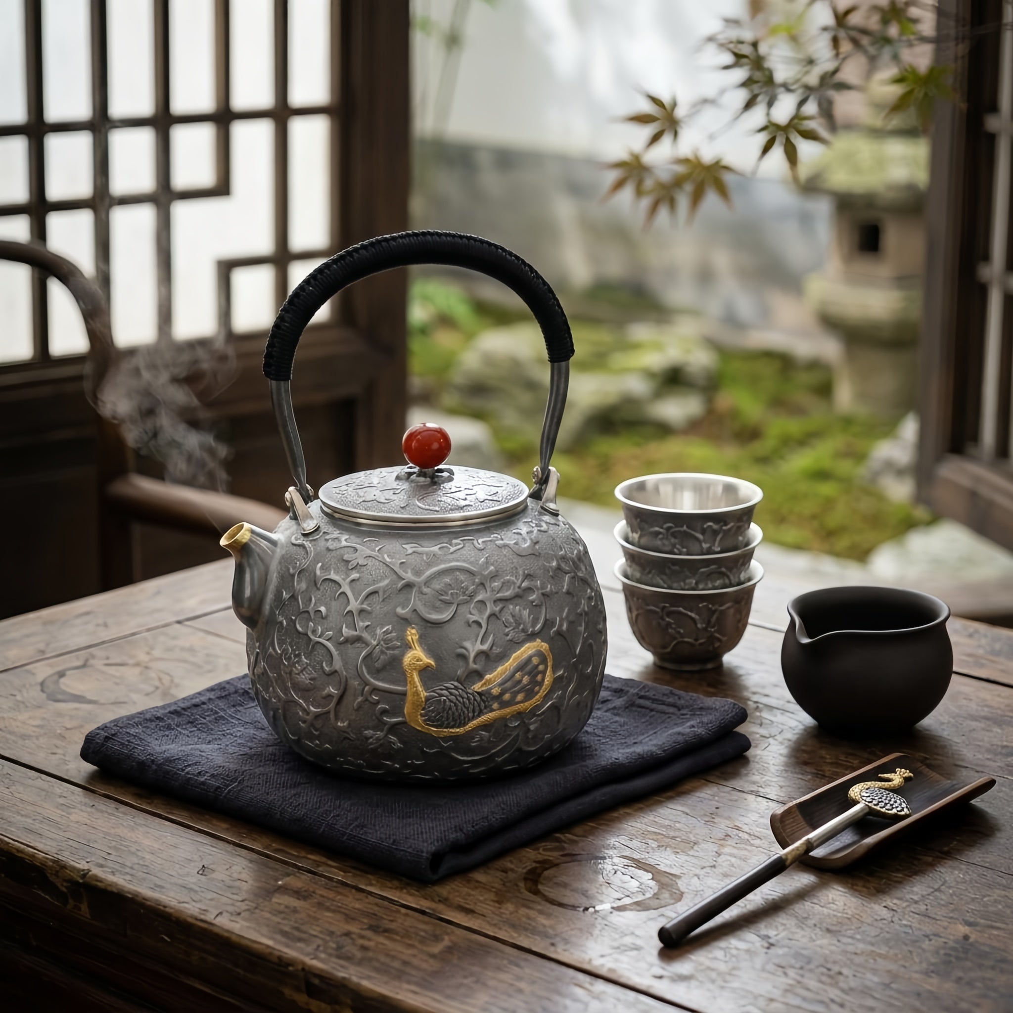 Pure 999 Fine Silver Ornate Handcrafted Silver Teapot Featuring Exquisite Peacock Relief and Crimson Gemstone Finial - Handicraft