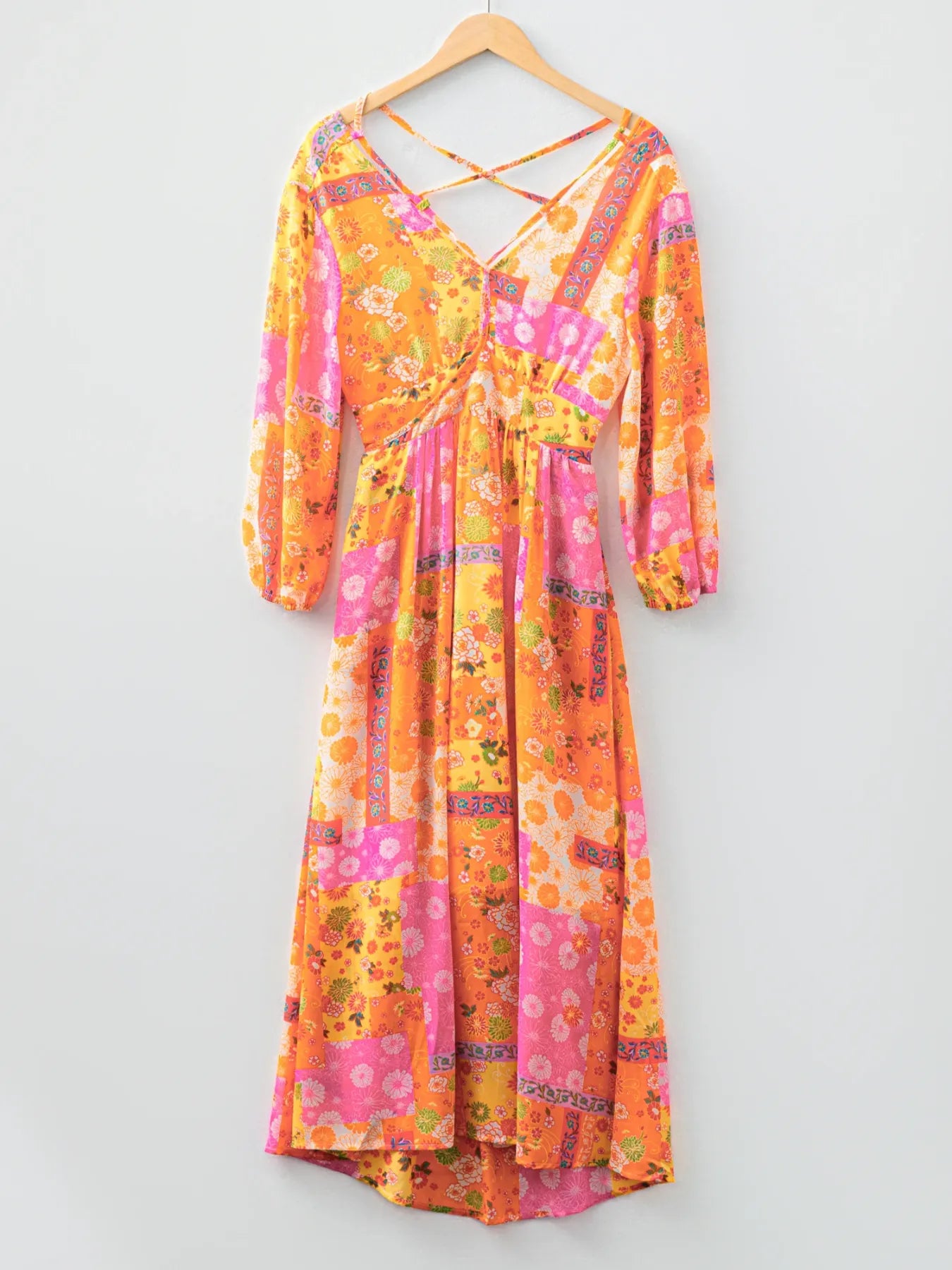 Vibrant Floral Long Sleeve Dress with Lace-Up Back