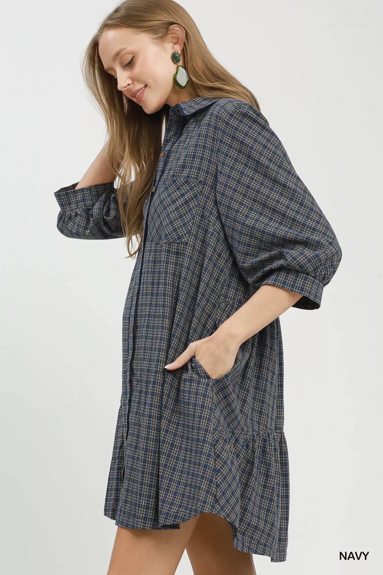 Umgee Plaid Button Down Oversized Shirt Dress