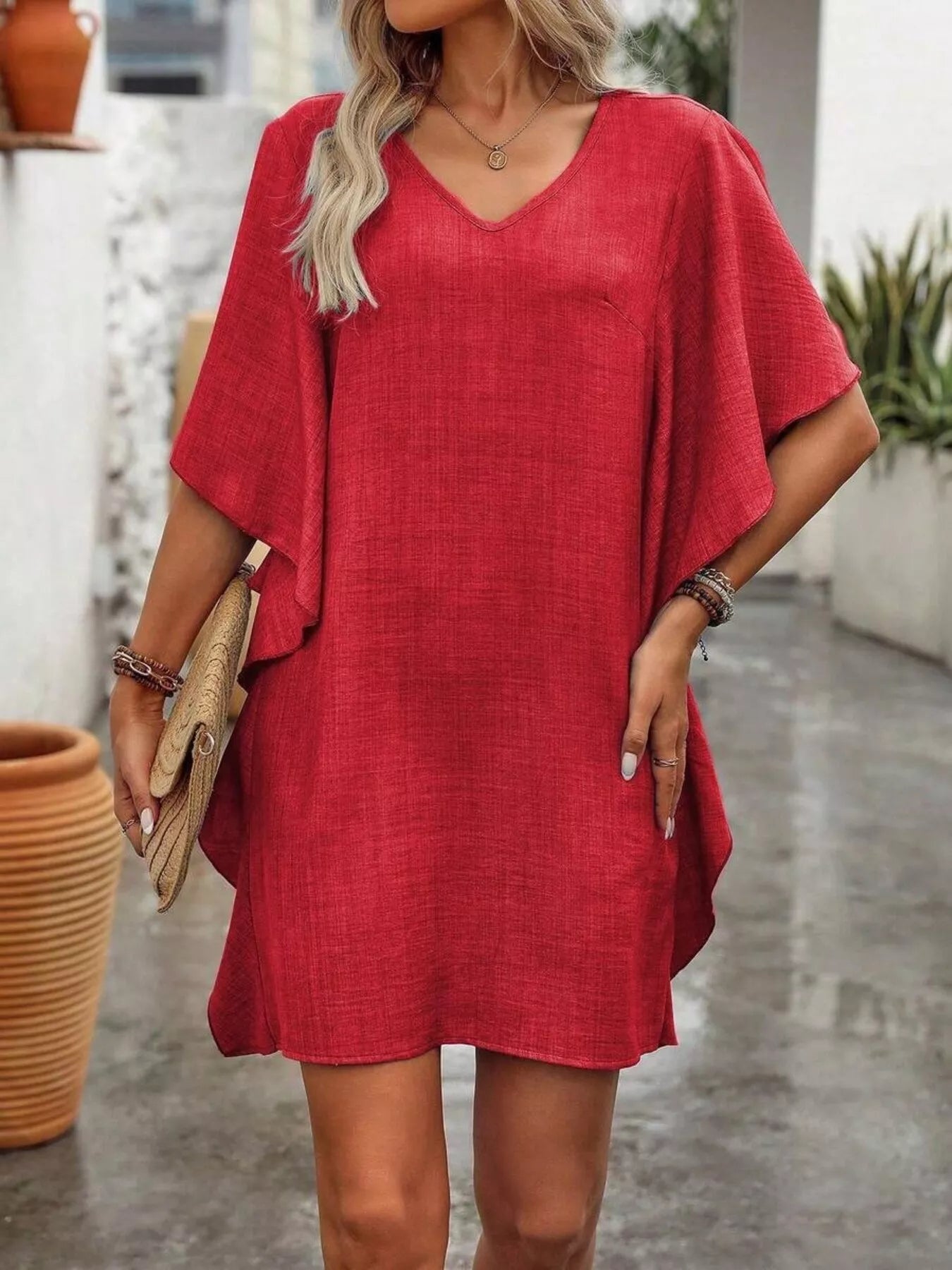 Ruffled Flutter Sleeve V-Neck Mini Dress