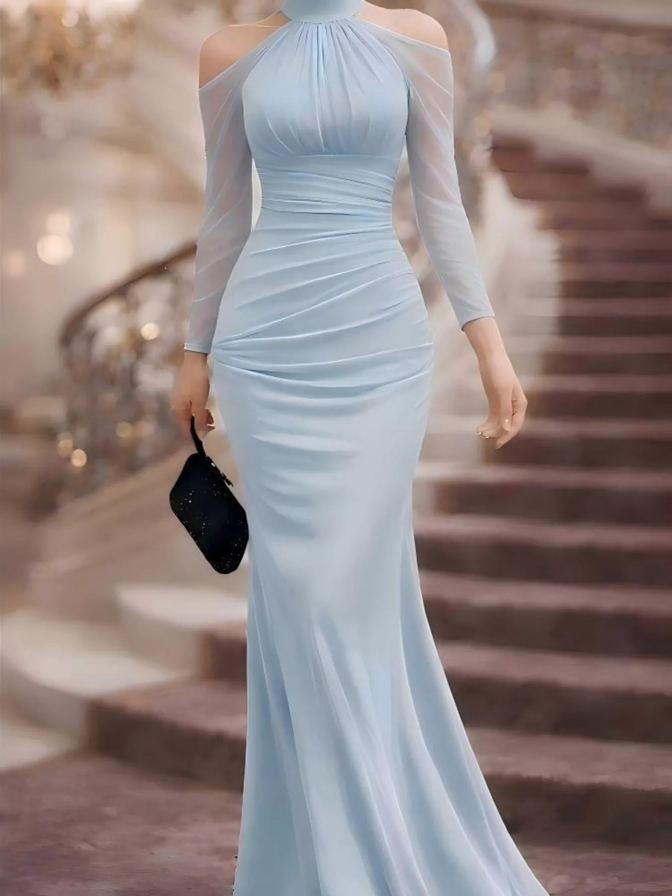Cold Shoulder Mesh Sleeve Maxi Dress