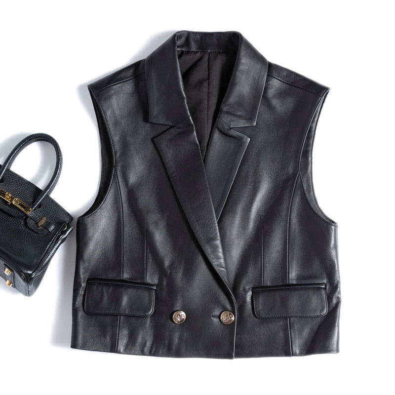 French Fashion Genuine Leather Vest For Women Female Loose Sleeveless Jacket Soft Chic Gilet Short Suit