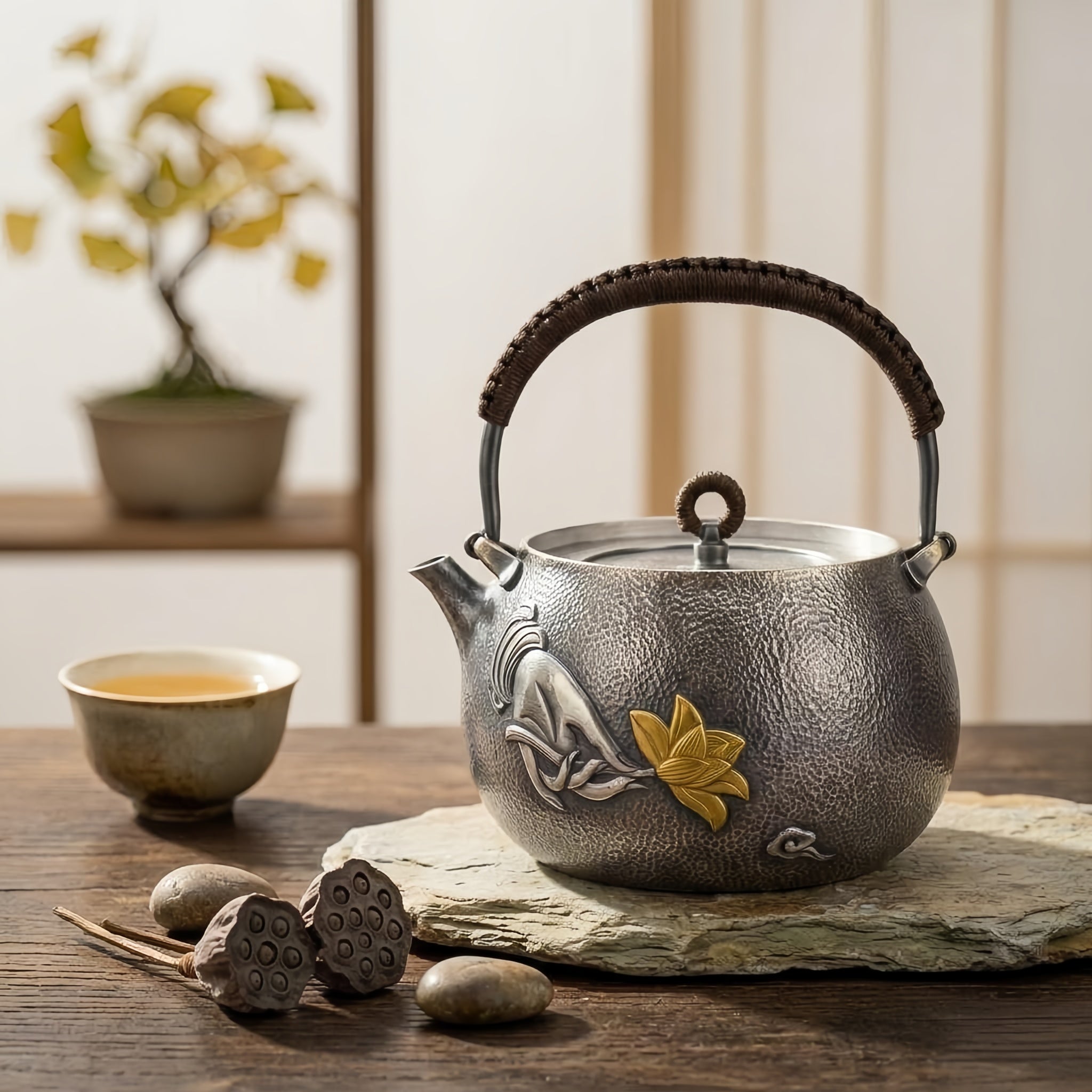Pure 999 Fine Silver Artisanal Hammered Silver-Finish Teapot with Hand-Carved Gilded Lotus and Woven Rattan Handle - Handicraft