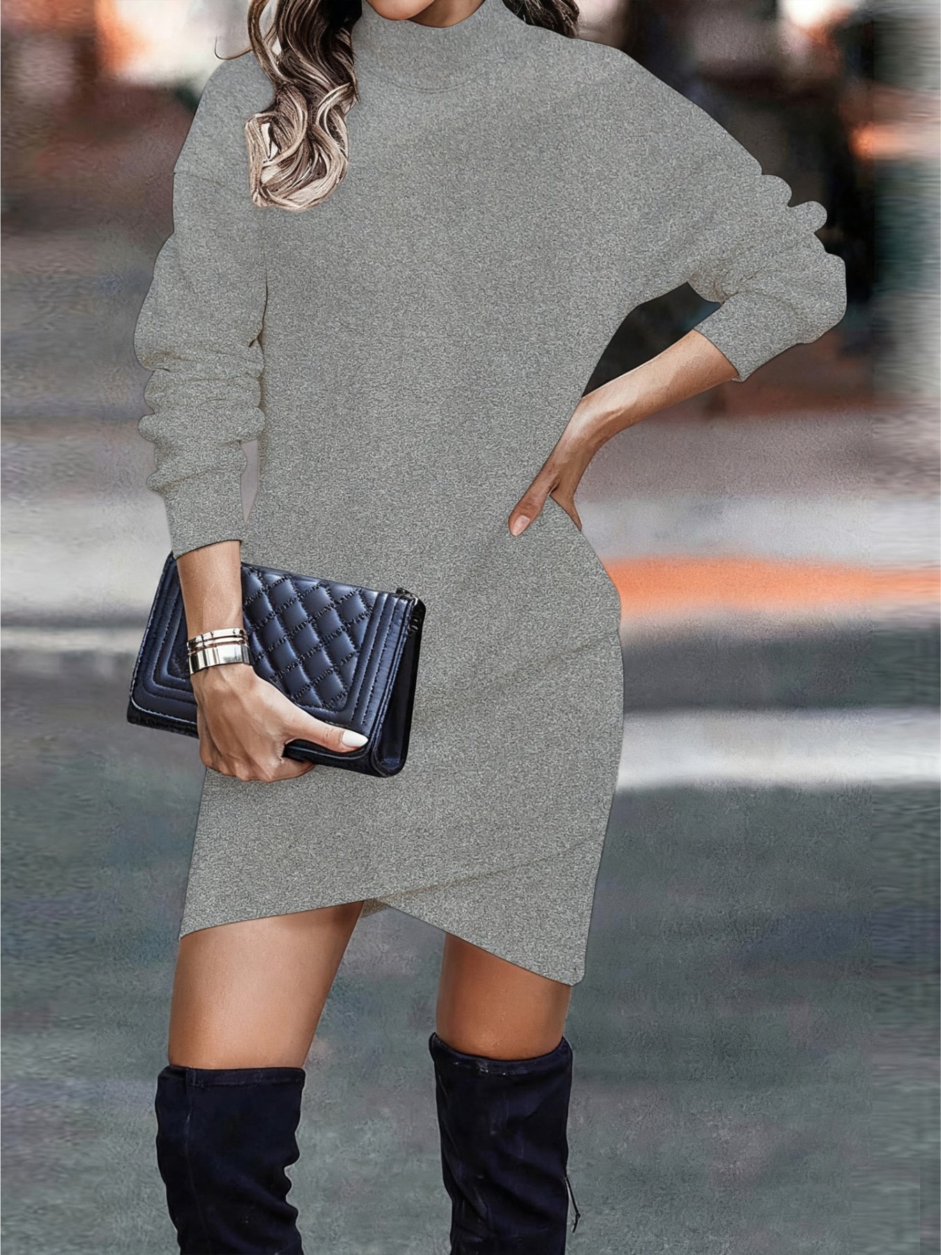 Turtleneck Long Sleeve Asymmetrical Hem Mini Dress